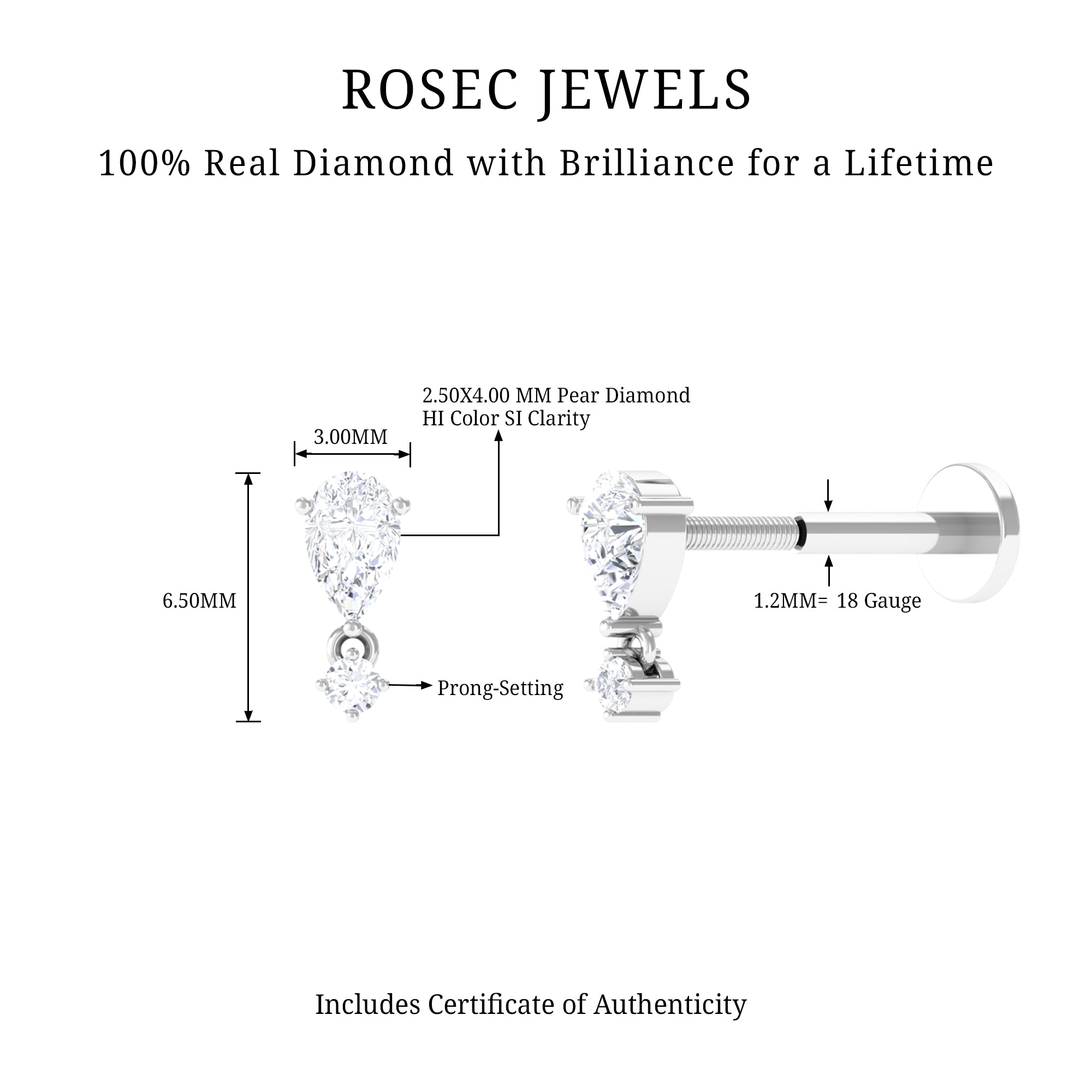 Rosec Jewels-Pear Diamond Drop Earring for Helix Piercing