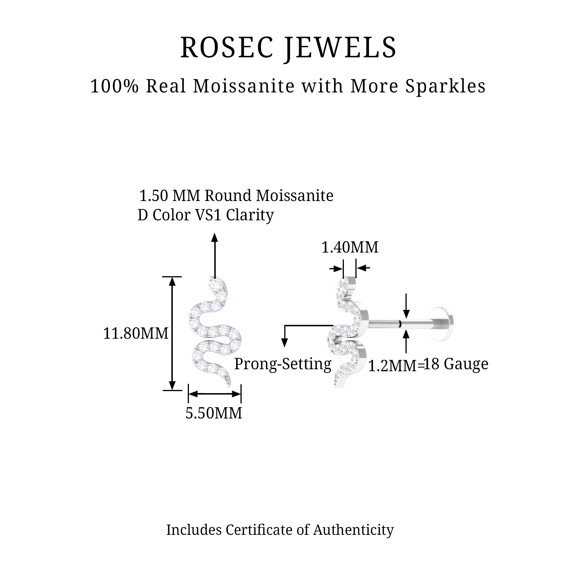 Rosec Jewels-Unique Moissanite Snake Crawler Cartilage Earring in Gold