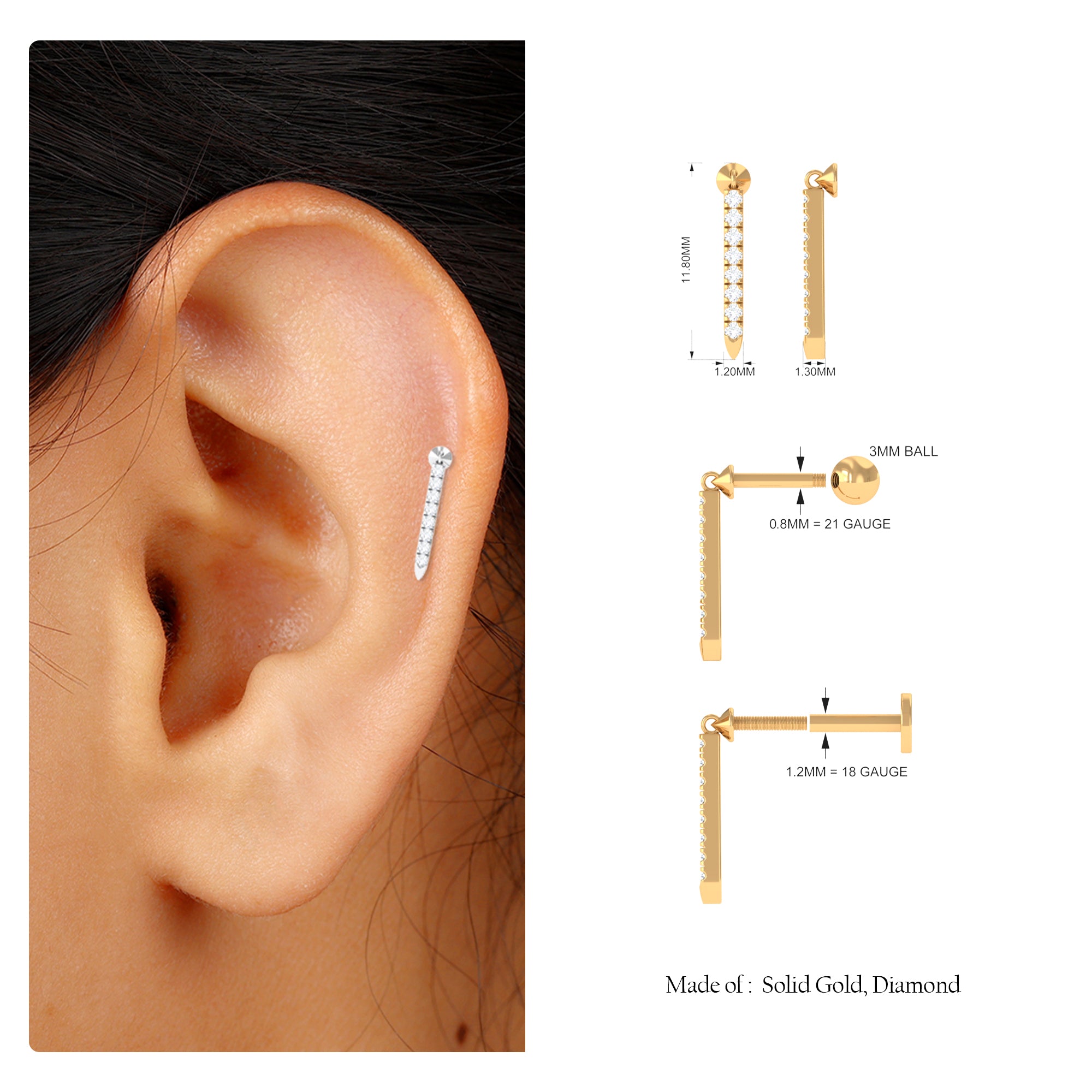 Rosec Jewels-Minimalist Diamond Line Bar Earring for Helix Piercing