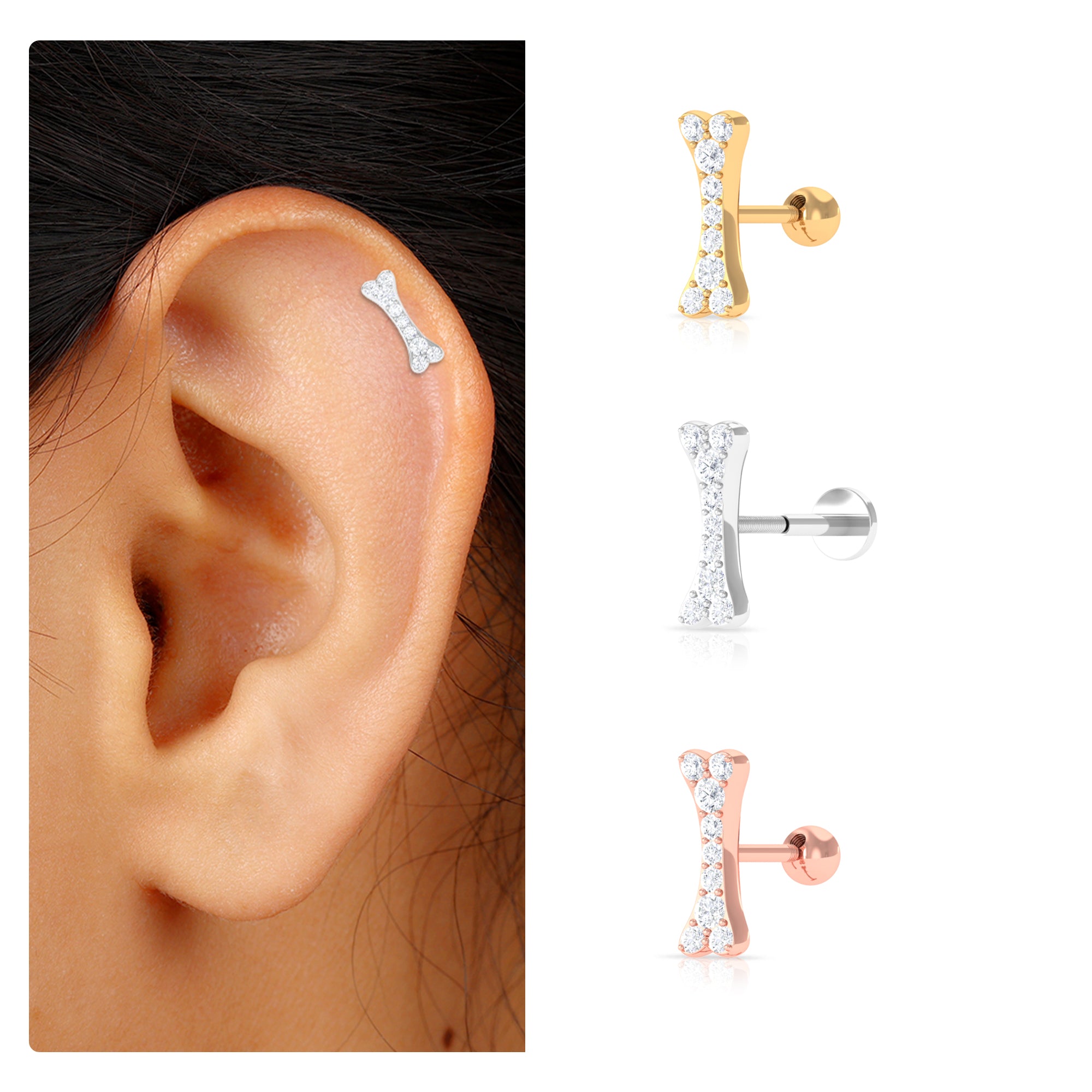 Rosec Jewels-Round Moissanite Dog Bone Earring for Cartilage Piercing