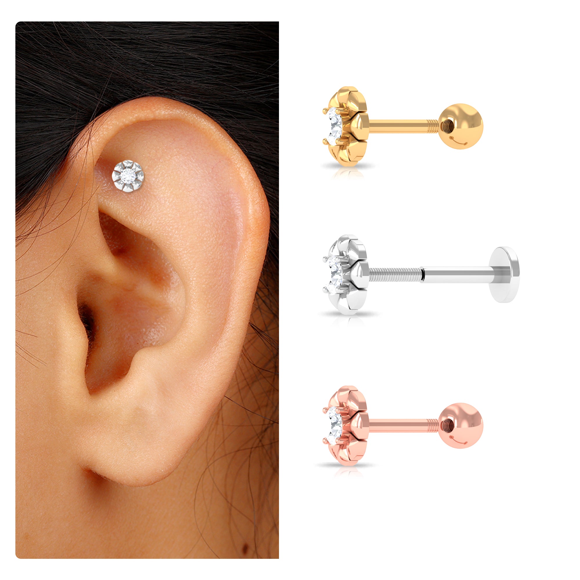 Rosec Jewels-Round Diamond Flower Earring for Tragus Piercing