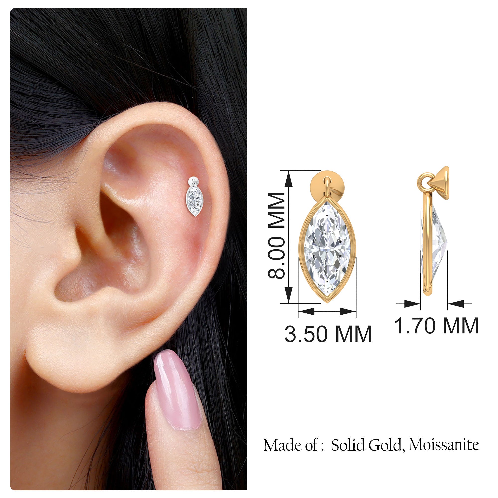 Rosec Jewels-Marquise Moissanite Dangly Earring for Cartilage Piercing