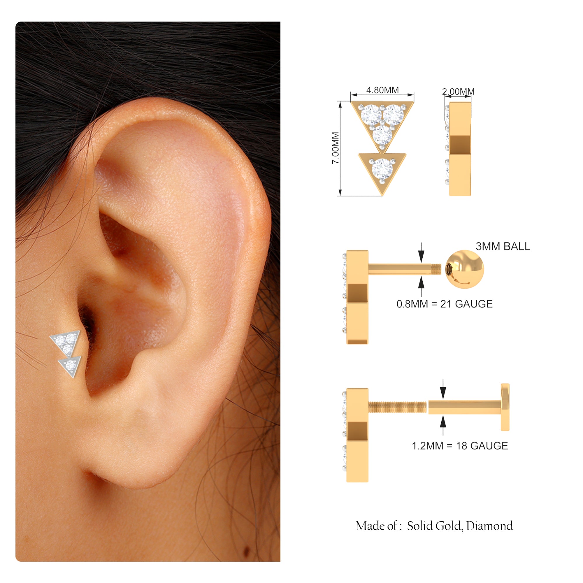 Rosec Jewels-Moissanite Geometric Triangle Earring for Tragus Piercing