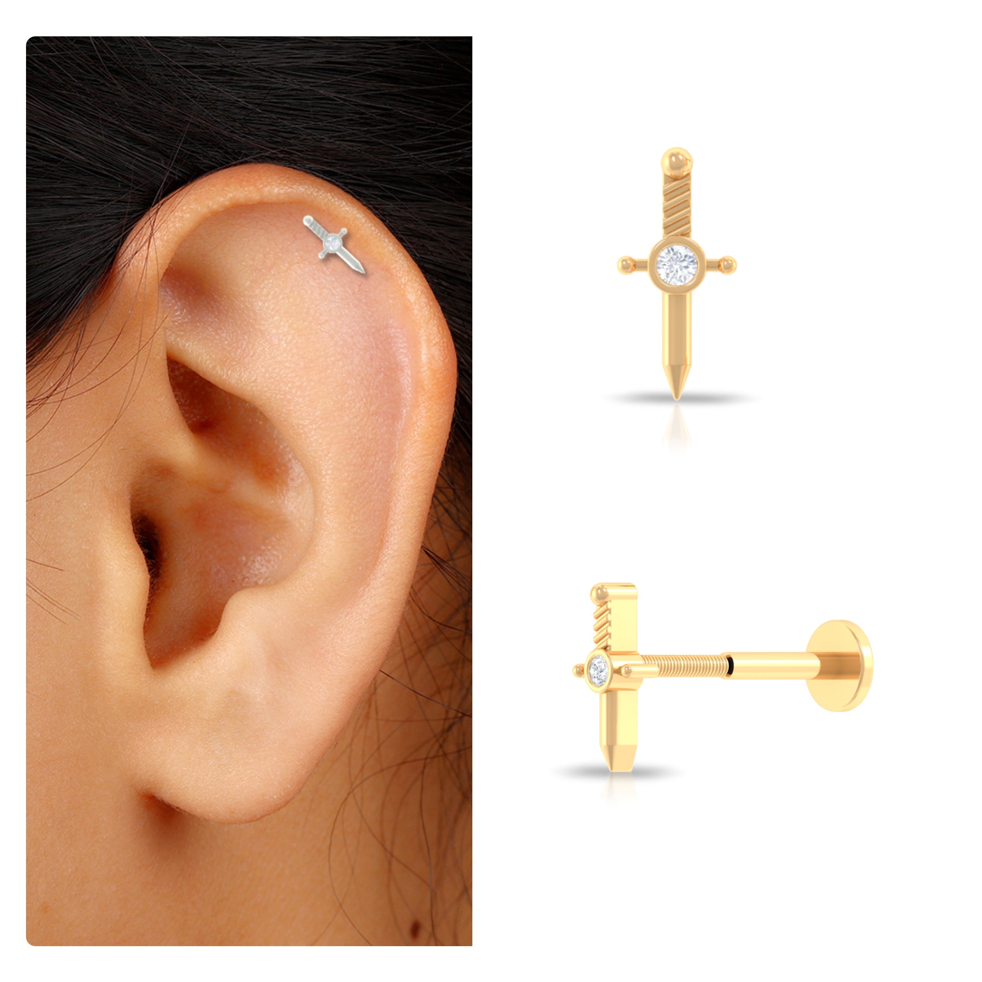 Rosec Jewels-Dainty Diamond Sword Earring for Cartilage Piercing