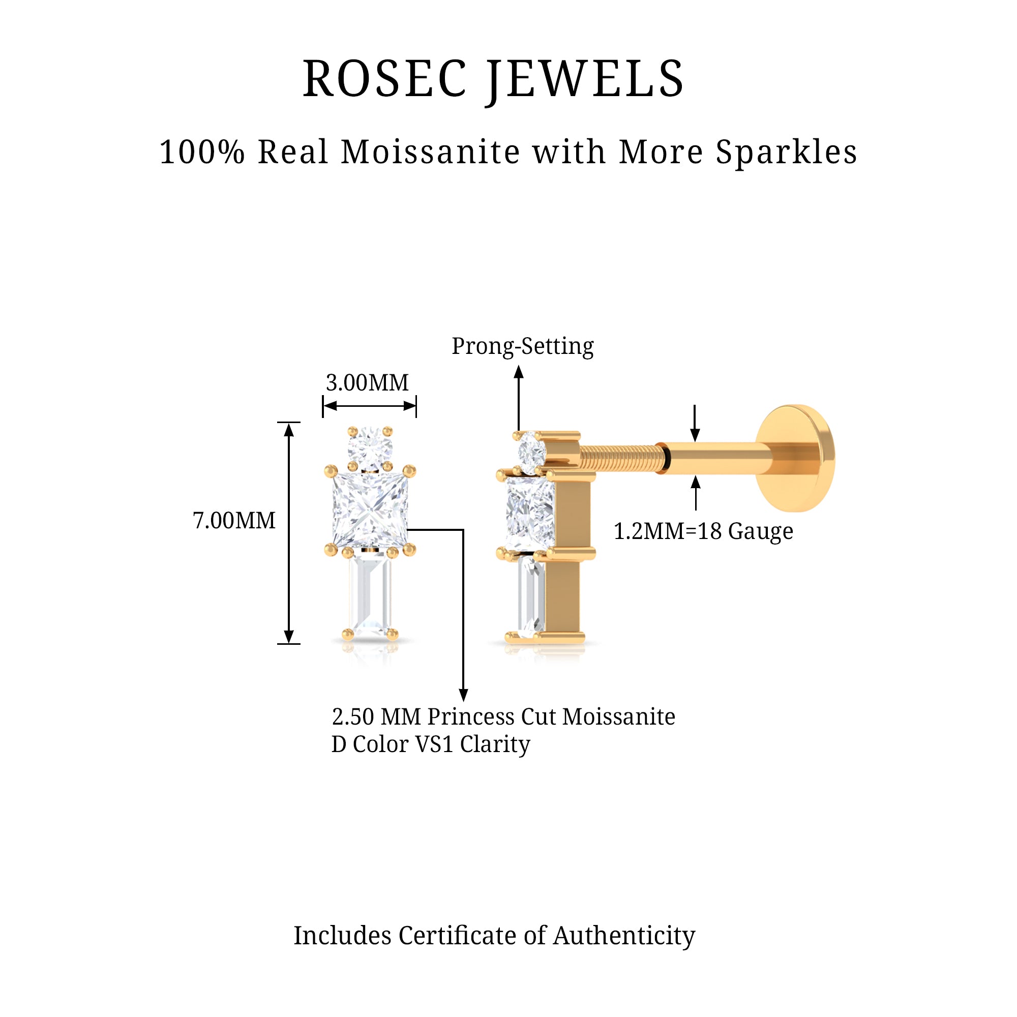 Rosec Jewels-Moissanite Three Stone Cartilage Earring in Gold