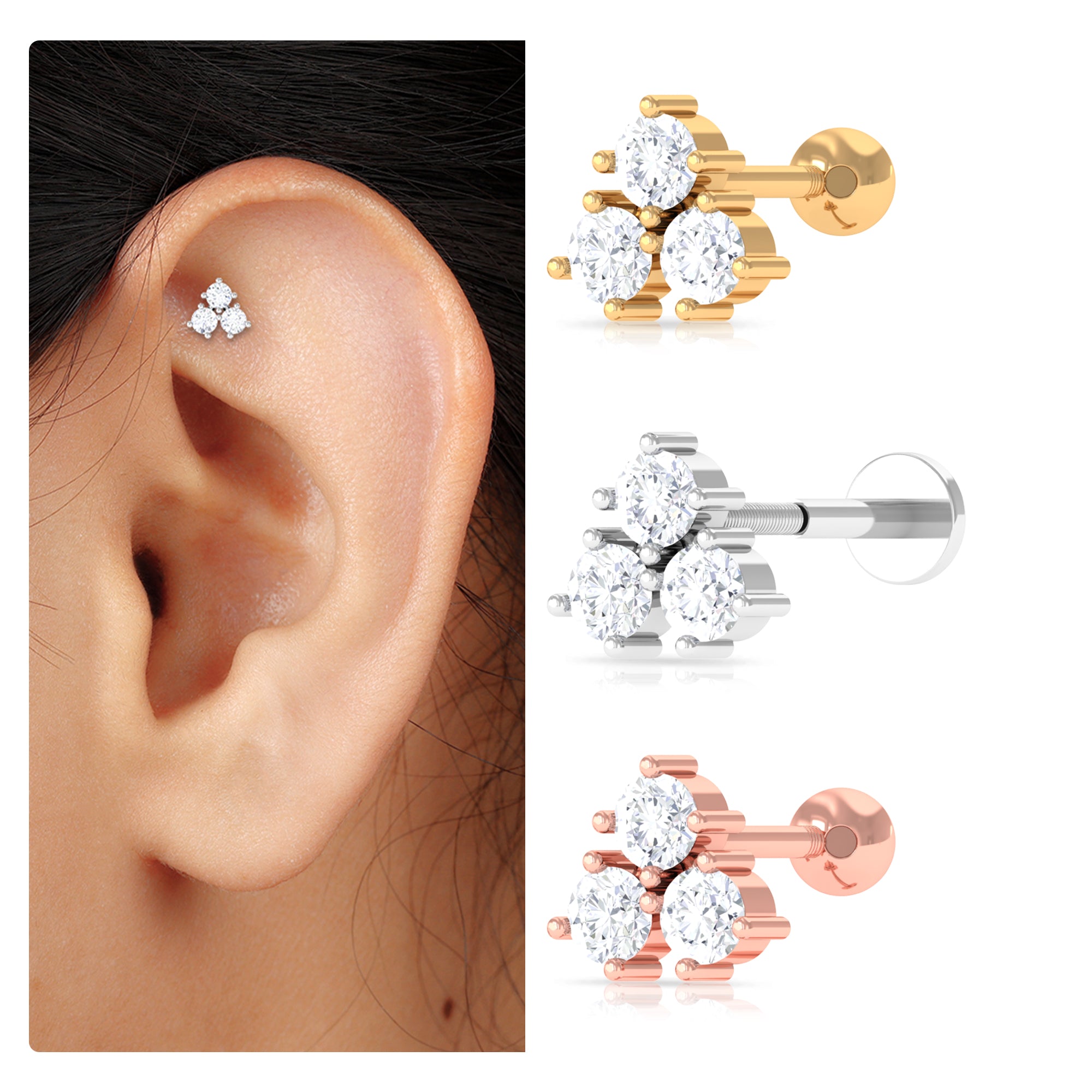 Rosec Jewels-Round Moissanite Trinity Trio Dainty Helix Earring