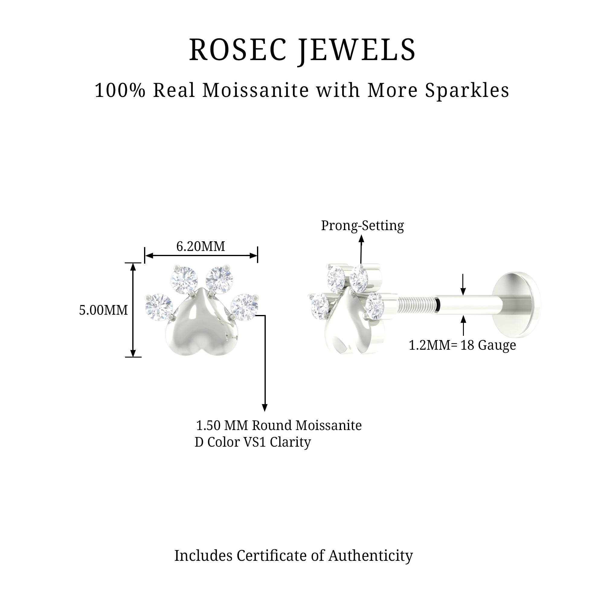 Rosec Jewels-Round Moissanite Gold Heart Paw Earring for Helix Piercing