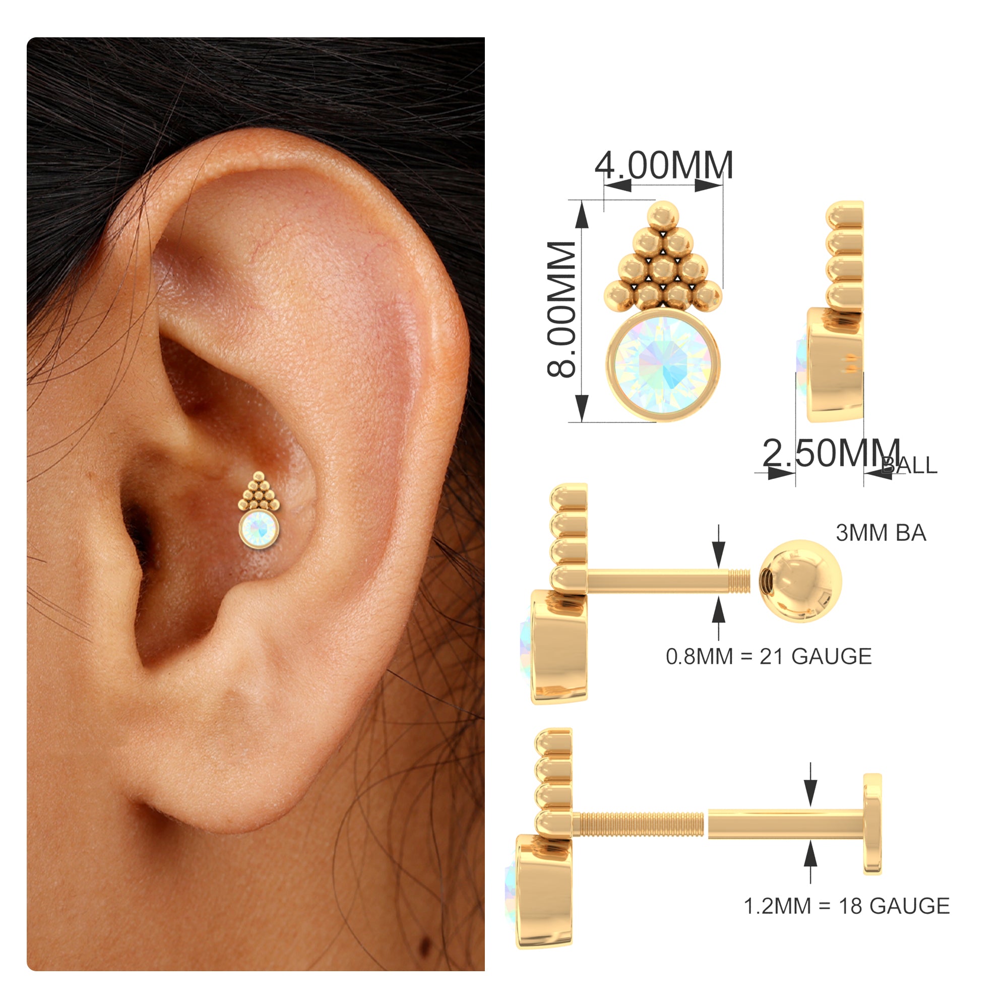 Rosec Jewels-Bezel Set Ethiopian Opal Conch Stud Earring with Beaded Gold