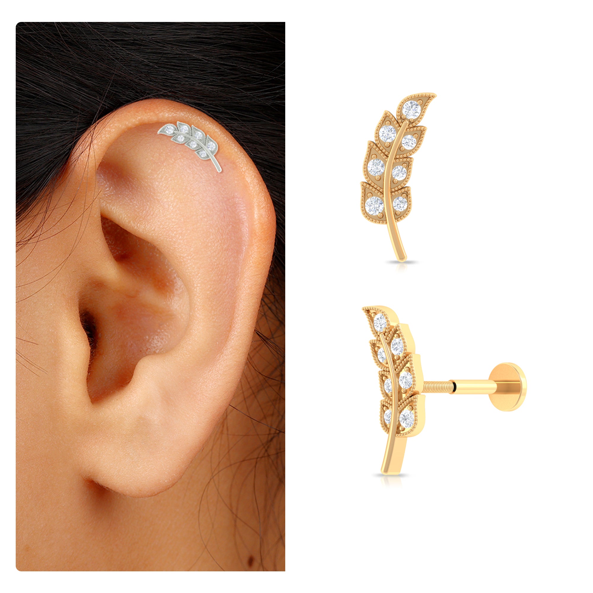 Rosec Jewels-Moissanite Leaf Helix Earring with Gold Beads