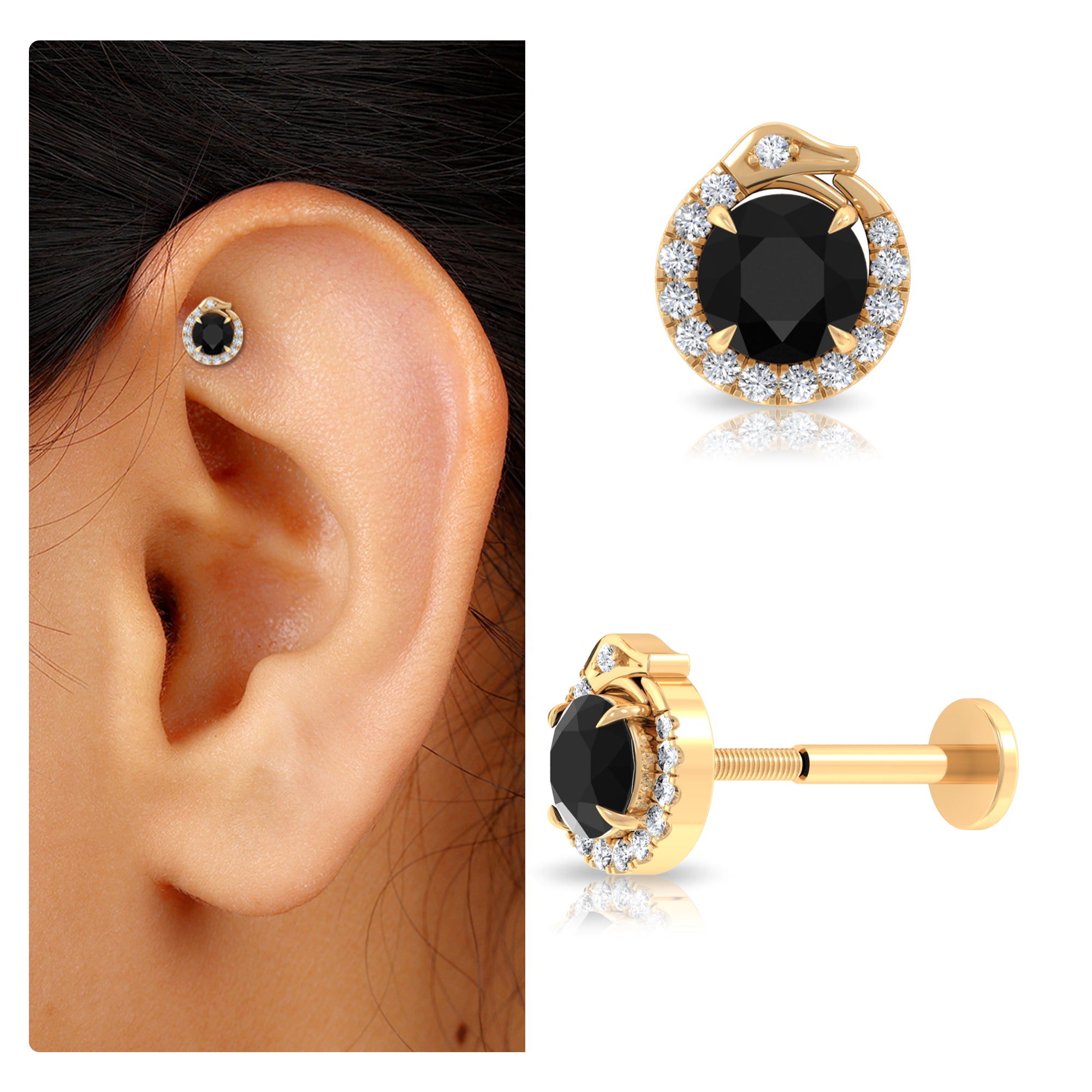 Rosec Jewels-Black Onyx Snake Helix Earring with Moissanite