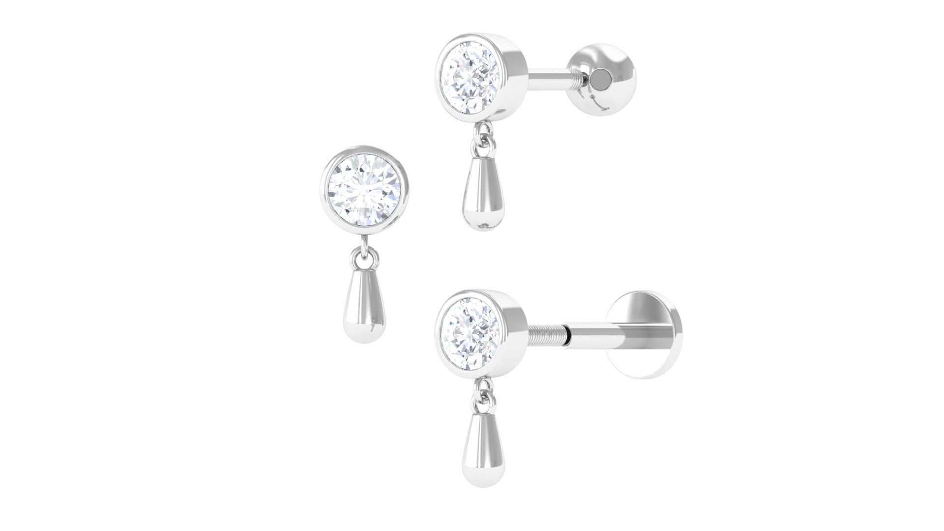 Rosec Jewels-Bezel Set Round Cut Moissanite Helix Drop Earring in Gold