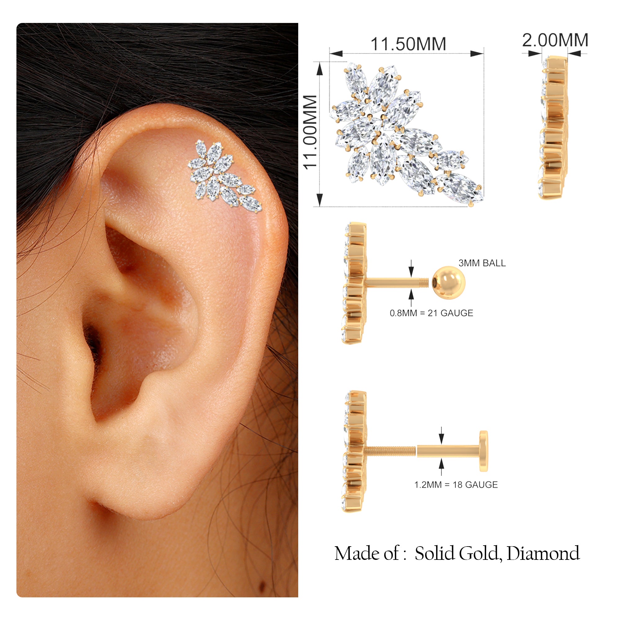 Rosec Jewels-Marquise Moissanite Gold Leaf Earring for Cartilage Piercing