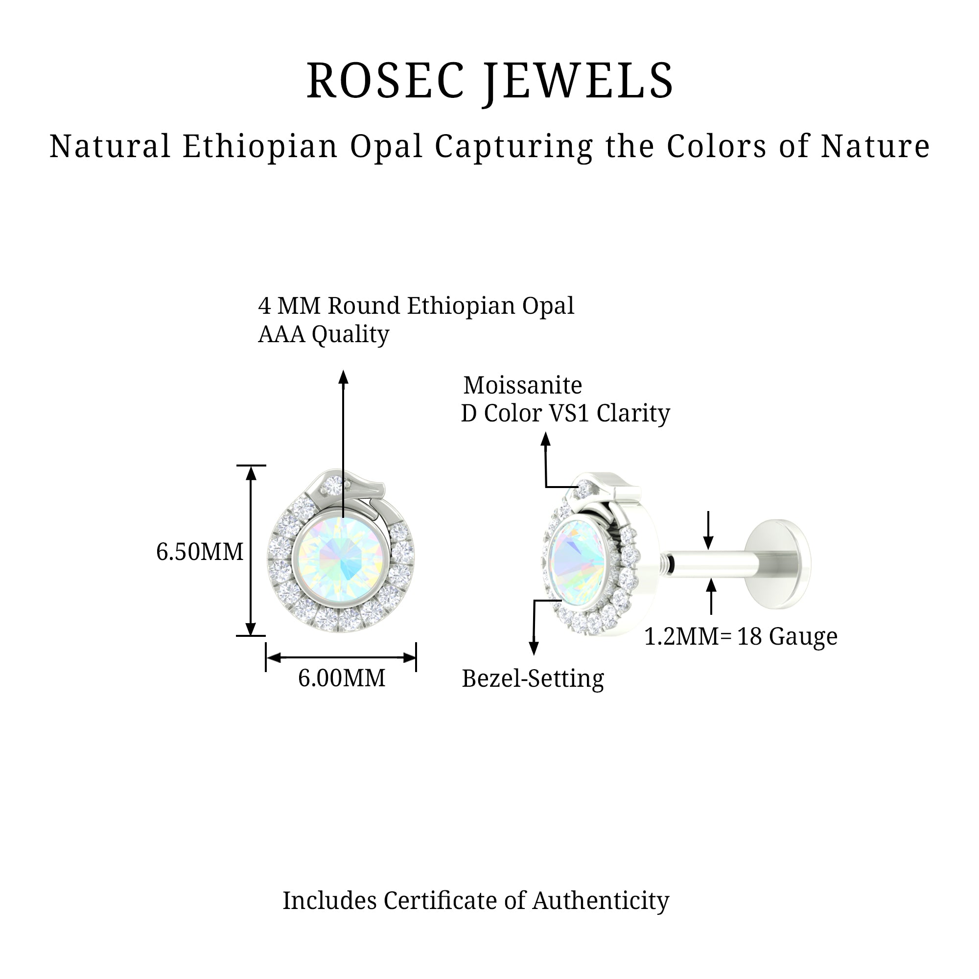 Rosec Jewels-0.25 CT Ethiopian Opal and Moissanite Snake Earring in Gold