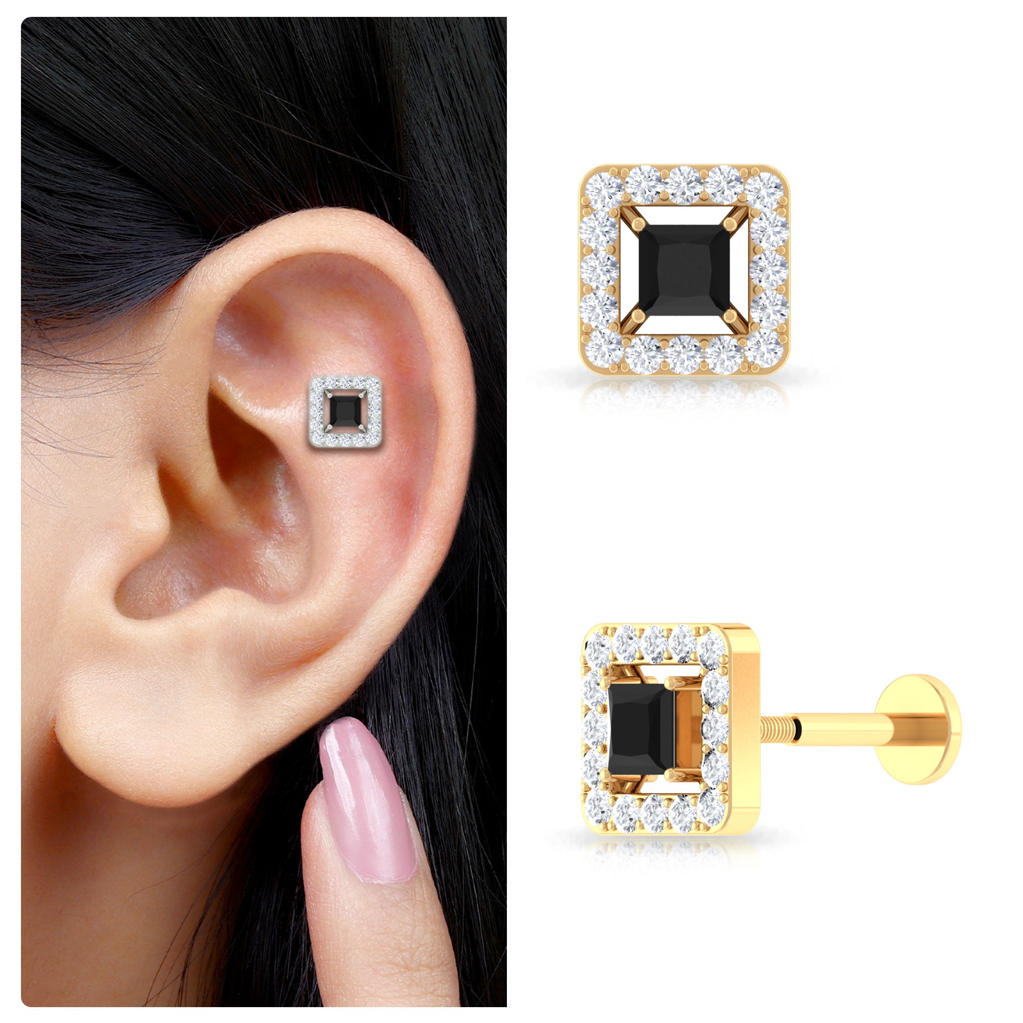 Rosec Jewels-Princess Cut Black Onyx Square Helix Earring with Moissanite