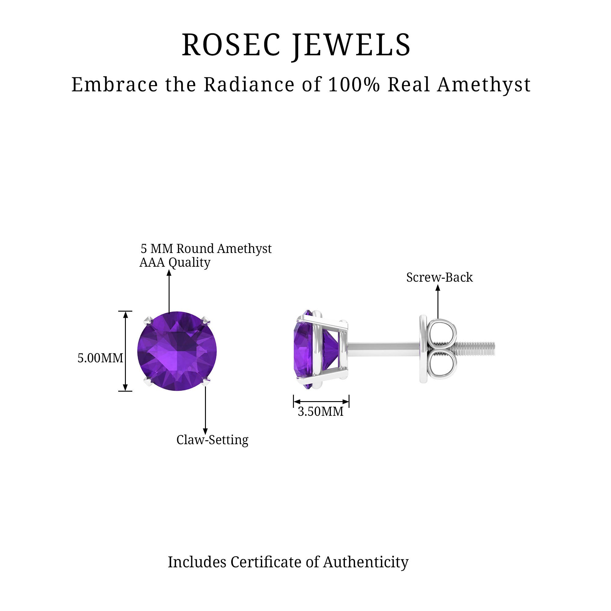 Amethyst Classic Solitaire Stud Earrings Amethyst - ( AAA ) - Quality - Rosec Jewels