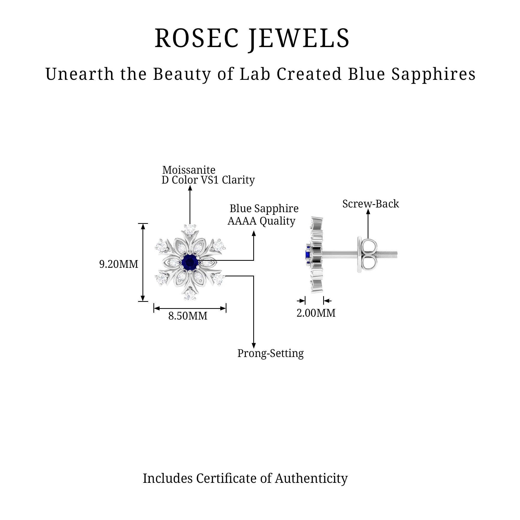 Created Blue Sapphire Snowflake Silver Stud Earrings with Moissanite Lab Created Blue Sapphire - ( AAAA ) - Quality 92.5 Sterling Silver - Rosec Jewels