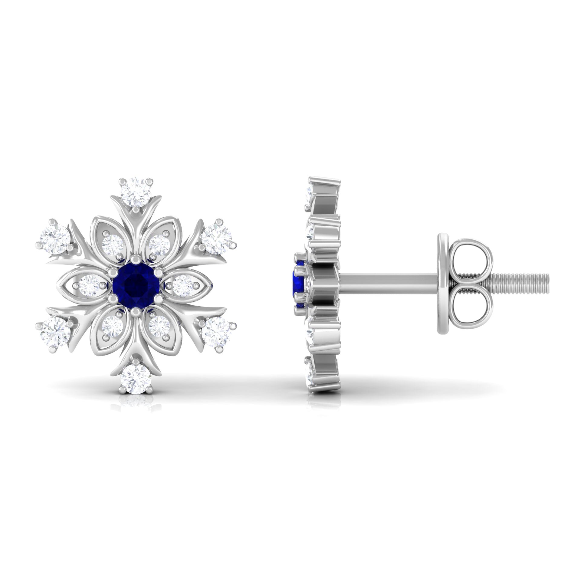 Created Blue Sapphire Snowflake Silver Stud Earrings with Moissanite Lab Created Blue Sapphire - ( AAAA ) - Quality 92.5 Sterling Silver - Rosec Jewels