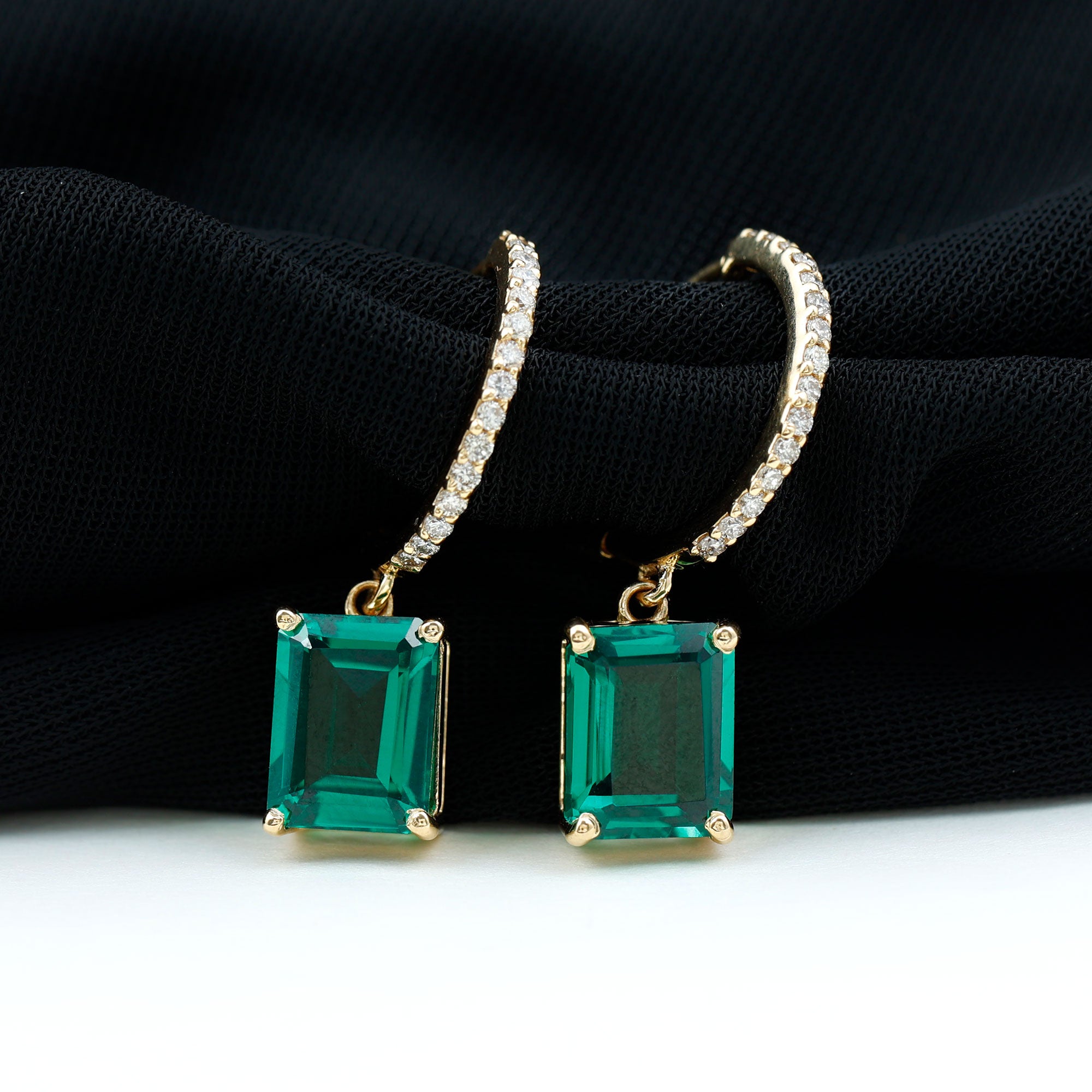 5 CT Octagon Cut Created Emerald Hoop Drop Earrings with Diamond Lab Created Emerald - ( AAAA ) - Quality - Rosec Jewels