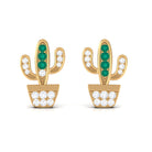 Cactus Stud Earrings with Emerald and Diamond Stones Emerald - ( AAA ) - Quality - Rosec Jewels