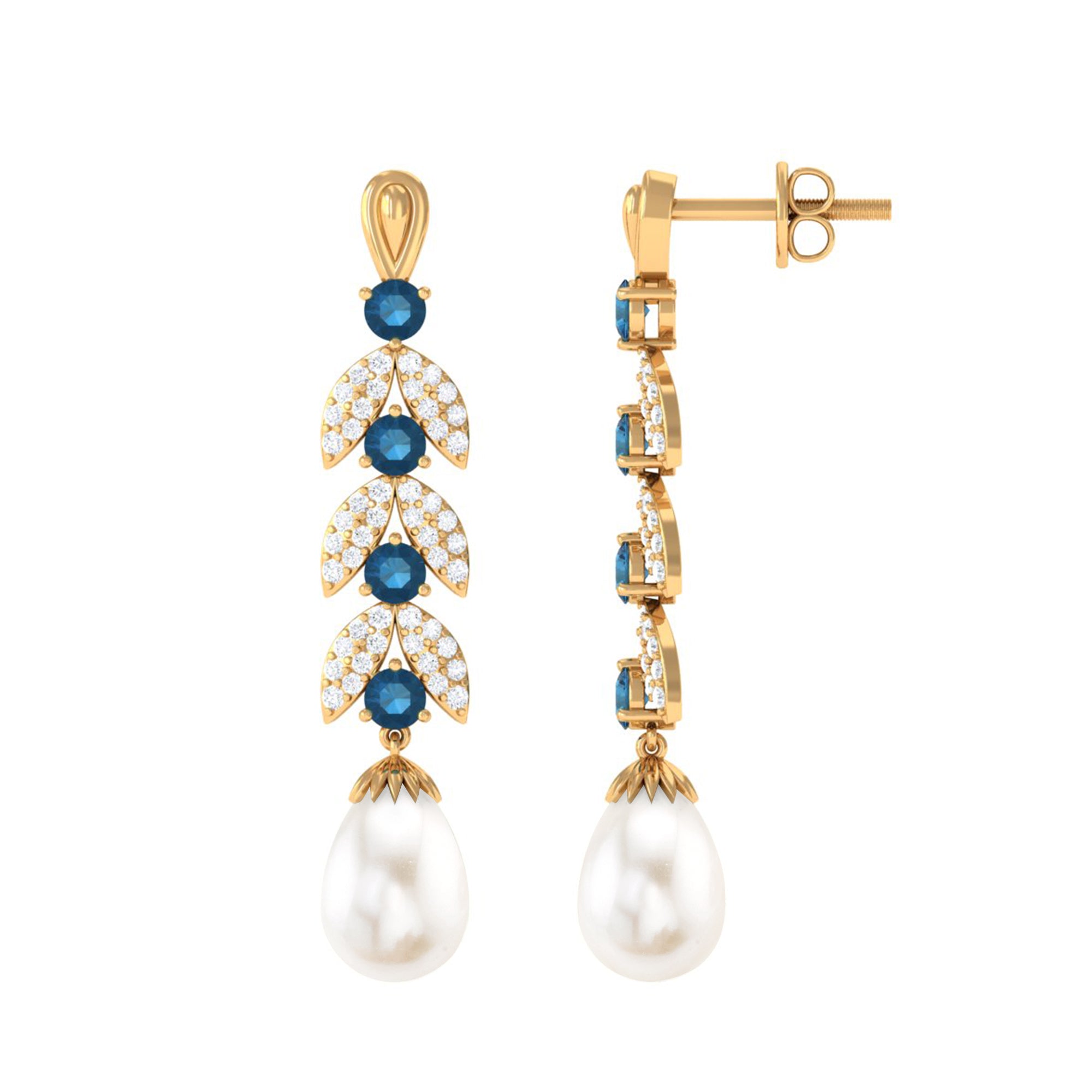 Freshwater Pearl and London Blue Topaz Drop Earrings with Moissanite Freshwater Pearl - ( AAA ) - Quality - Rosec Jewels