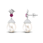 13 CT Freshwater Pearl Drop Earrings with Moissanite and Pink Tourmaline Freshwater Pearl - ( AAA ) - Quality - Rosec Jewels