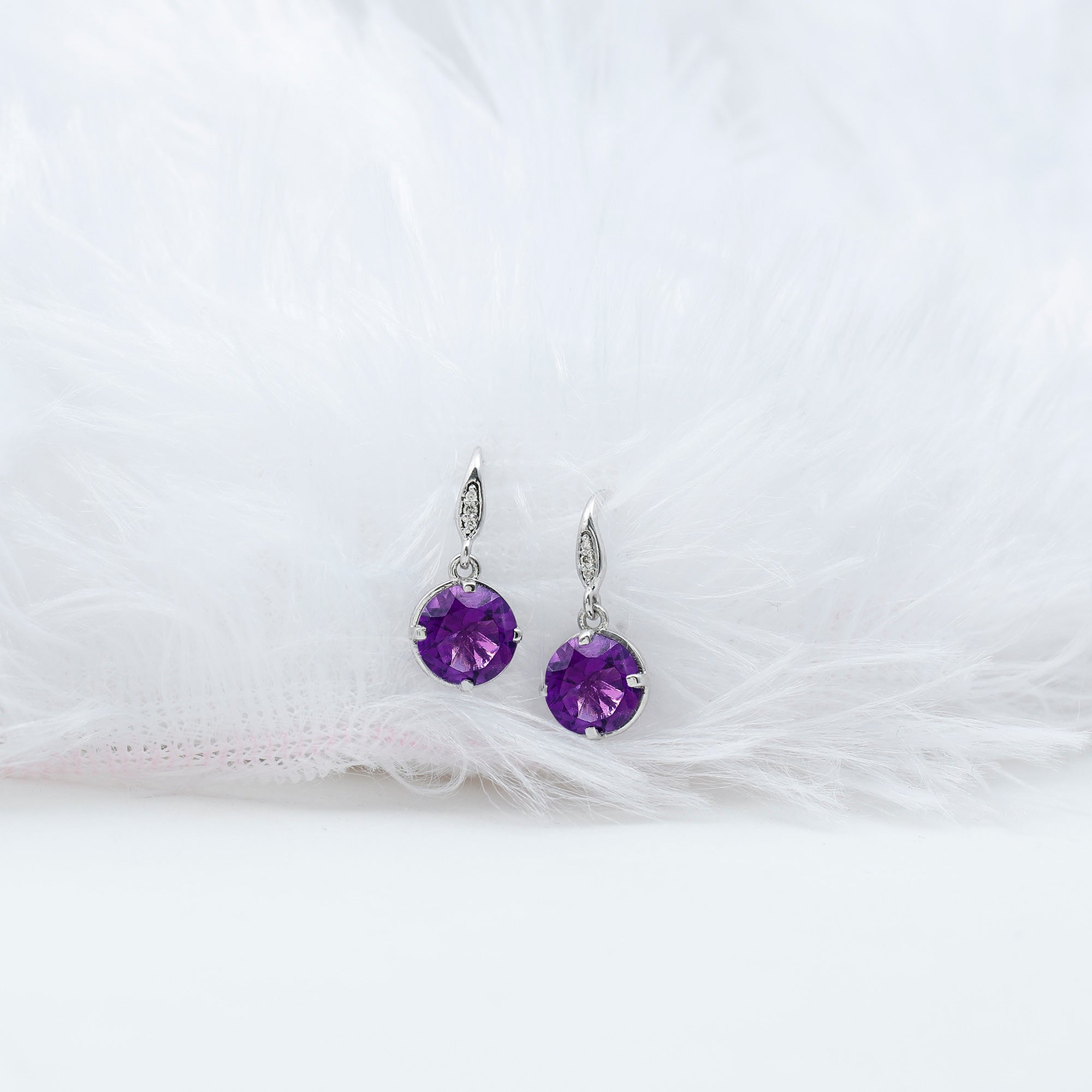 Natural Amethyst Solitaire Drop Earrings with Diamond Amethyst - ( AAA ) - Quality - Rosec Jewels