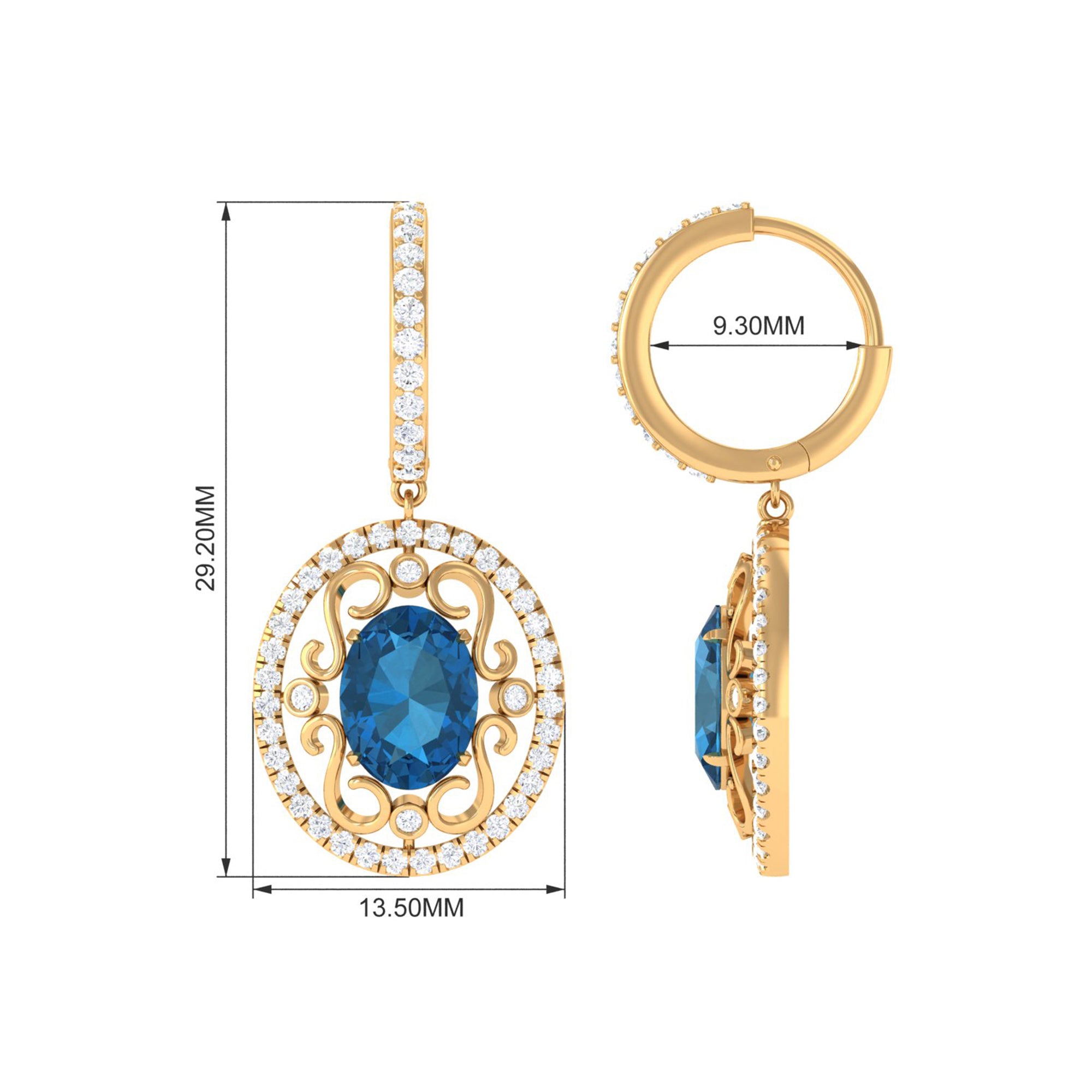 Vintage Style London Blue Topaz Hoop Drop Earrings with Diamond London Blue Topaz - ( AAA ) - Quality - Rosec Jewels