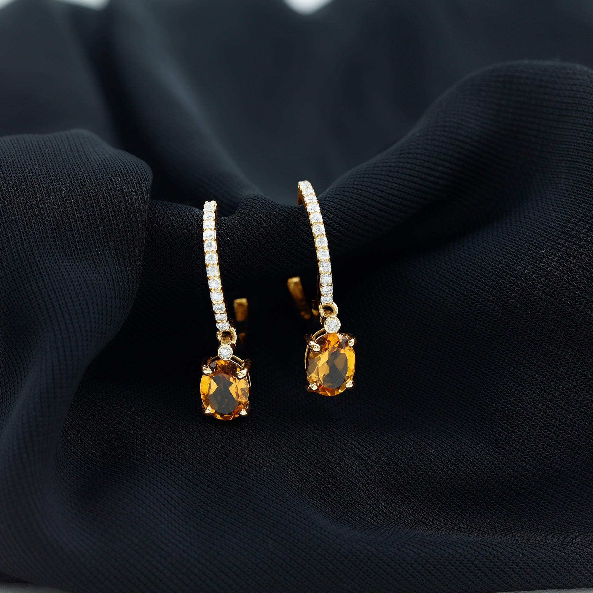 Oval Shape Citrine Drop Earrings with Diamond Citrine - ( AAA ) - Quality - Rosec Jewels