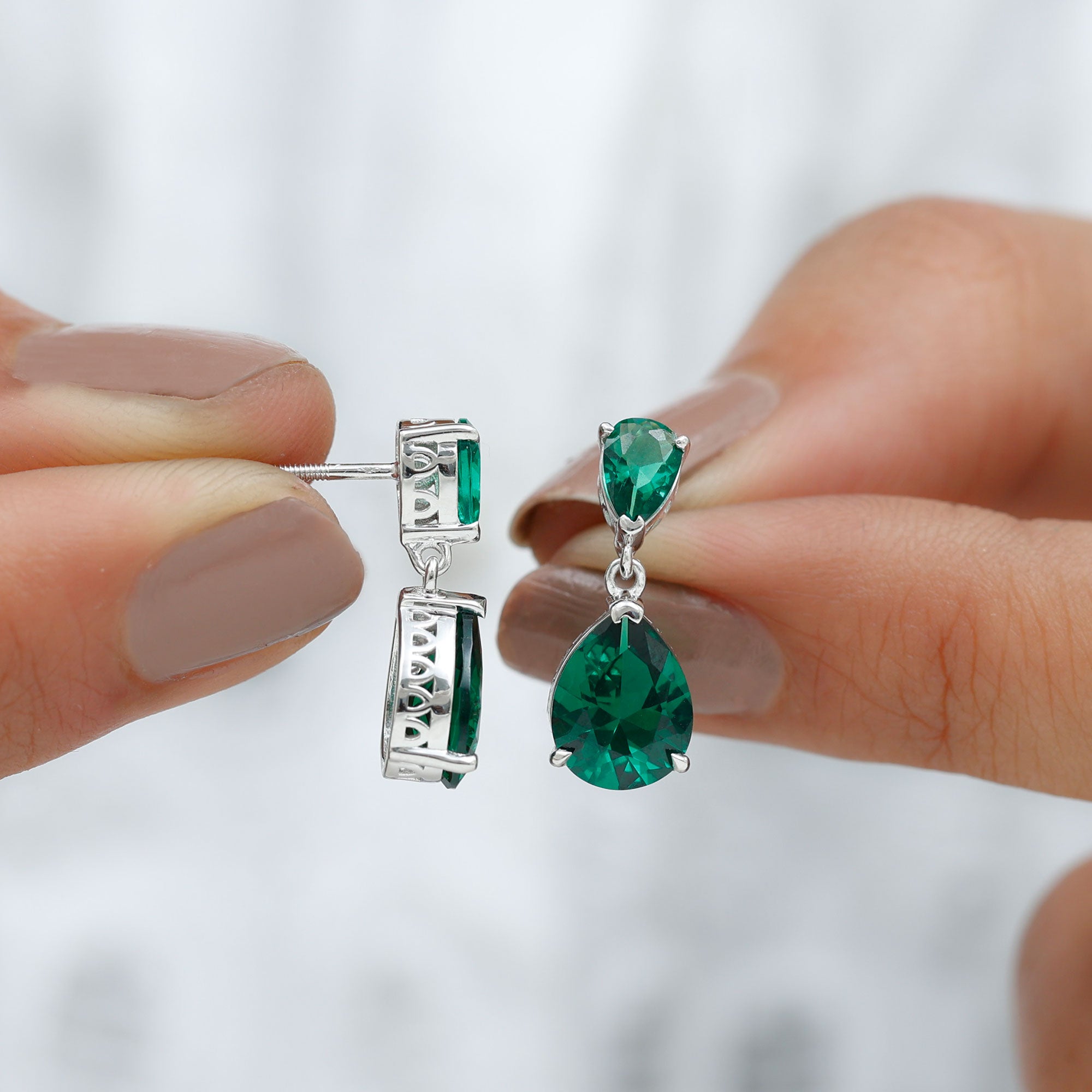 4.25 CT Created Emerald Teardrop Statement Earrings in Silver Lab Created Emerald - ( AAAA ) - Quality 92.5 Sterling Silver - Rosec Jewels