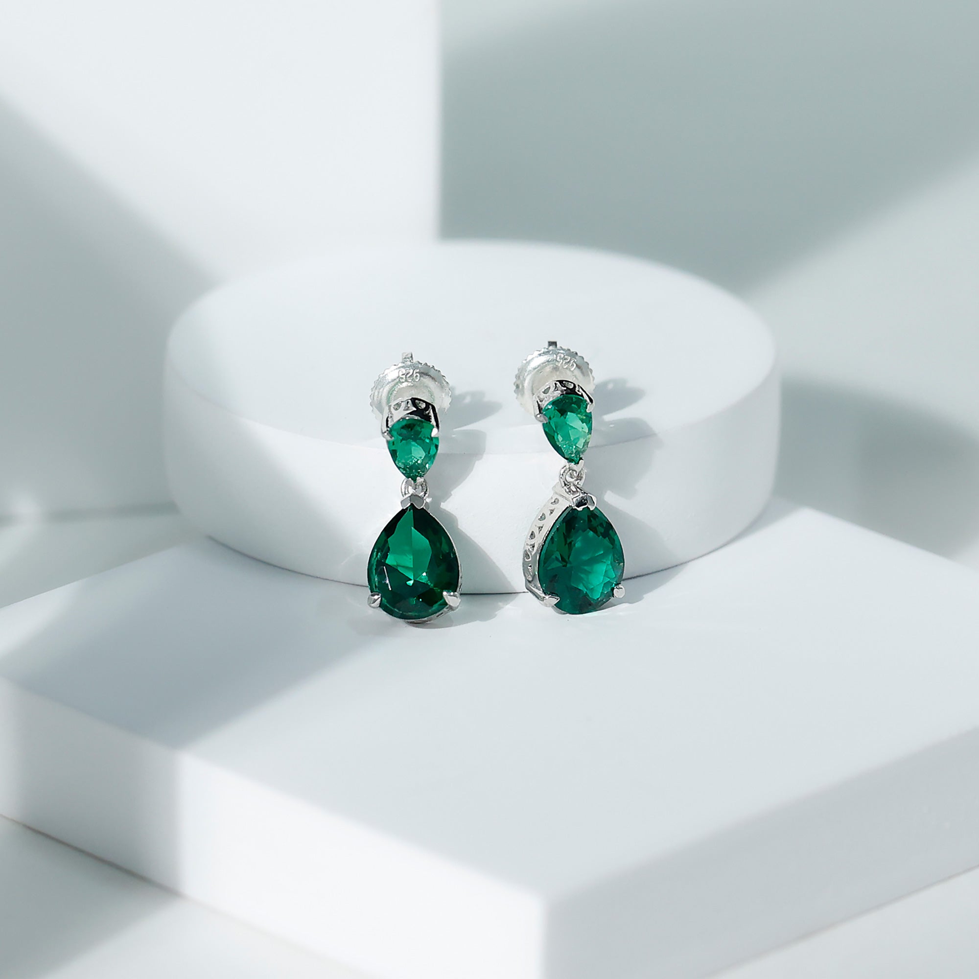 4.25 CT Created Emerald Teardrop Statement Earrings in Silver Lab Created Emerald - ( AAAA ) - Quality 92.5 Sterling Silver - Rosec Jewels