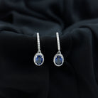 2.5 CT Silver Hoop Drop Earrings with Created Blue Sapphire and Moissanite Halo - Rosec Jewels