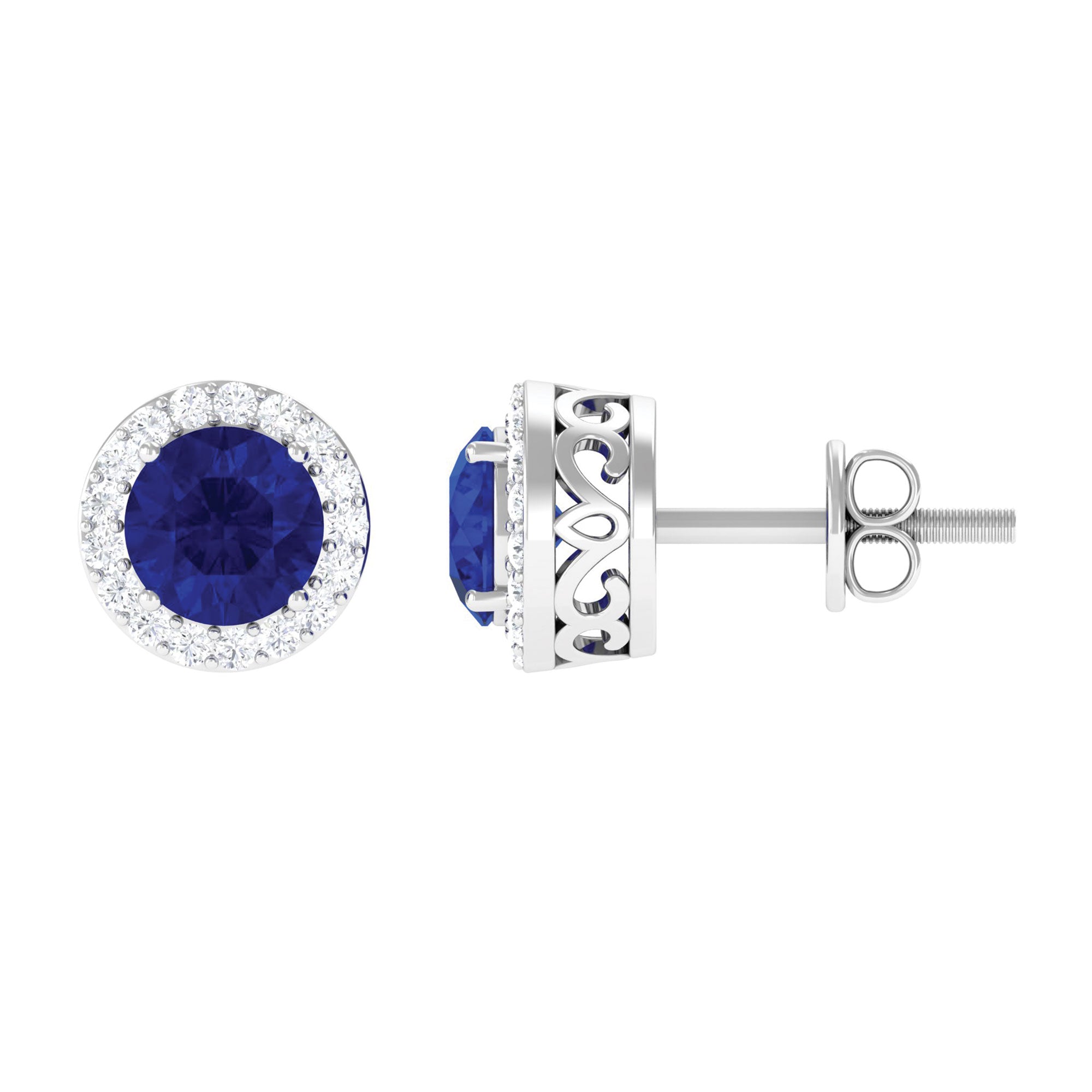 Round Created Blue Sapphire Halo Silver Stud Earrings with Moissanite Lab Created Blue Sapphire - ( AAAA ) - Quality 92.5 Sterling Silver - Rosec Jewels