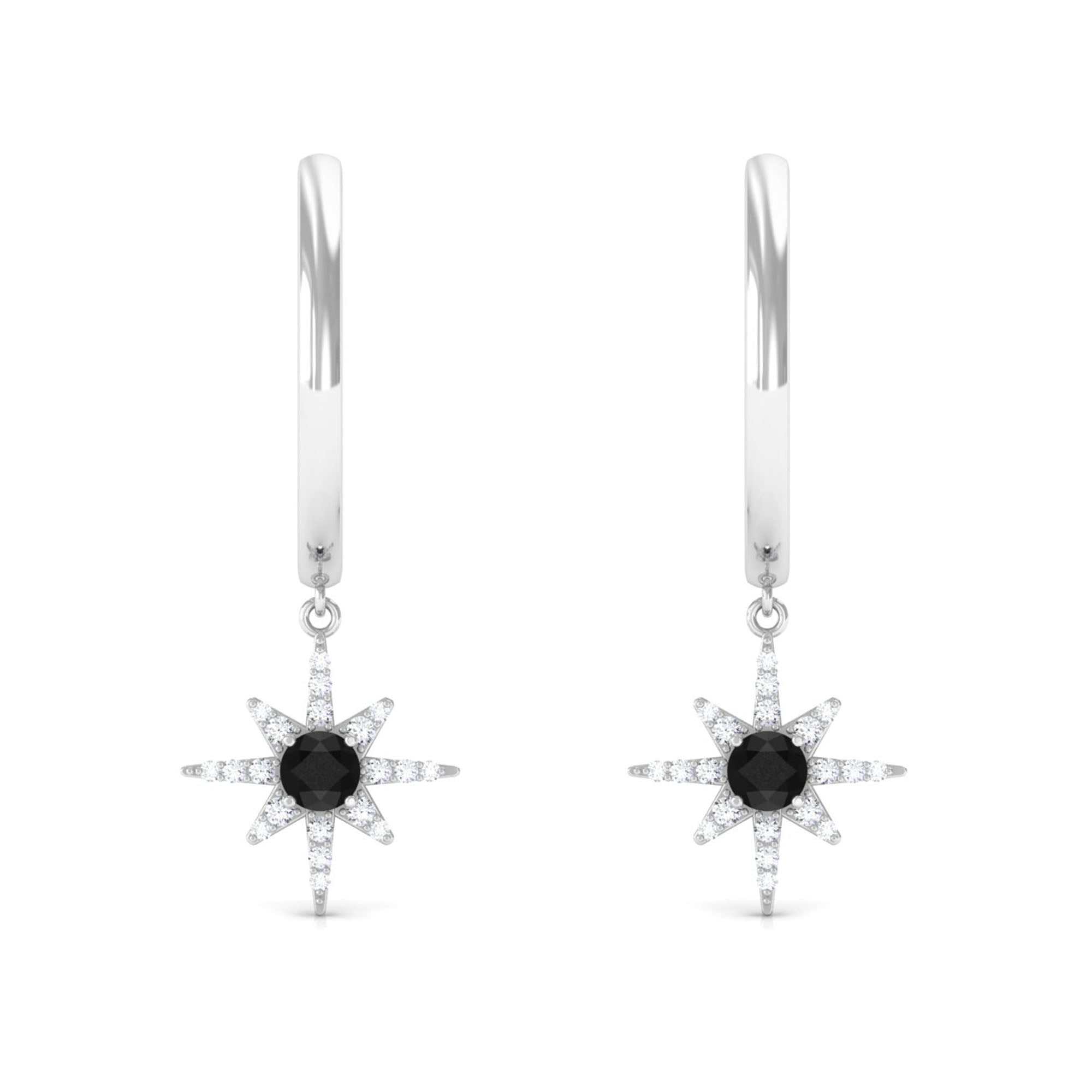 Created Black Diamond and Diamond Sunburst Hoop Earrings Lab Created Black Diamond - ( AAAA ) - Quality - Rosec Jewels