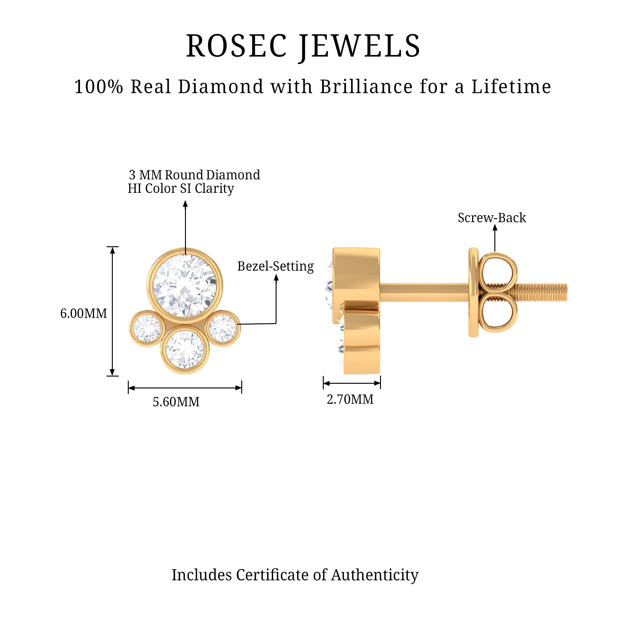 1/2 CT Contemporary Diamond Bezel Cluster Stud Earrings Diamond - ( HI-SI ) - Color and Clarity - Rosec Jewels