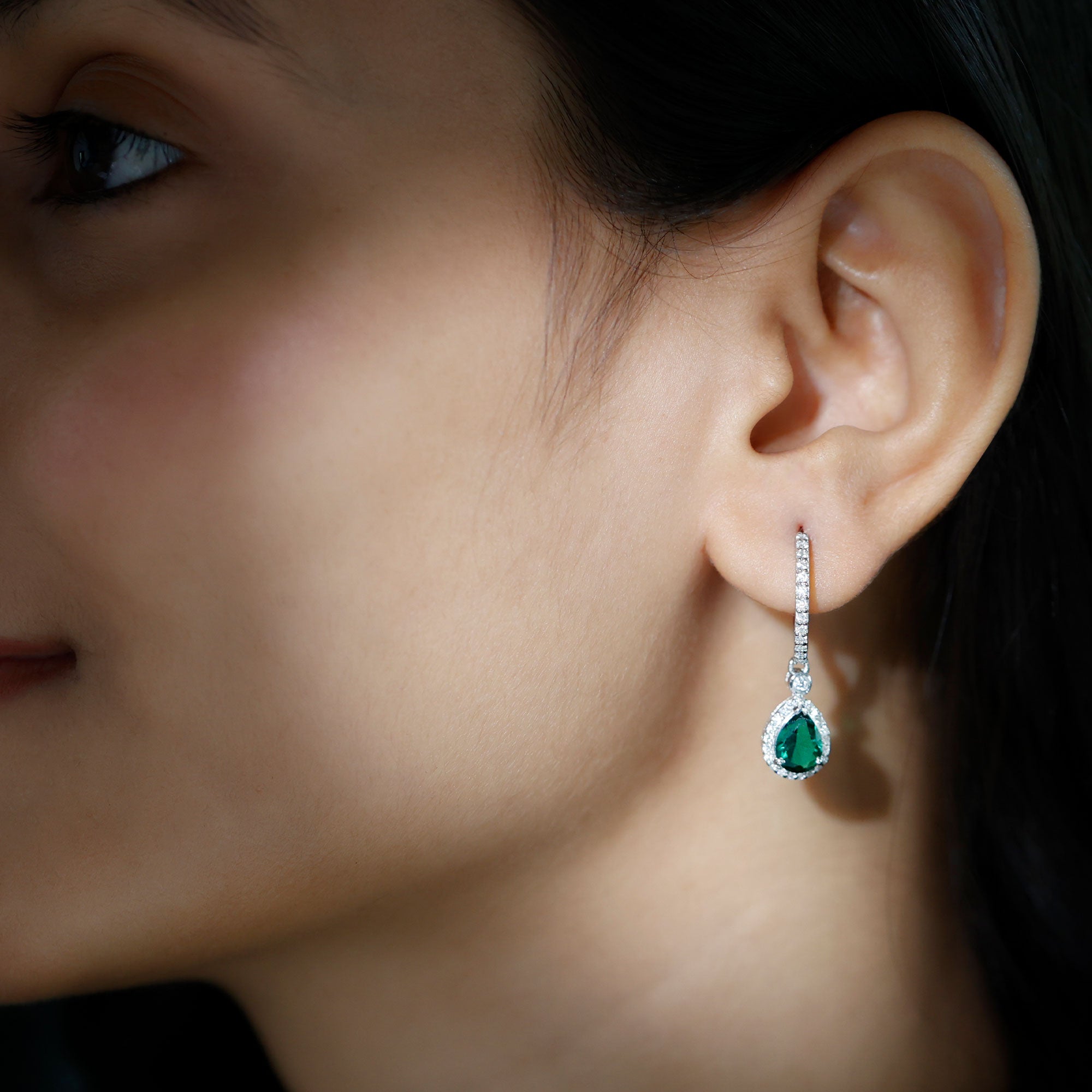 2.75 CT Silver Dangle Hoop Earrings with Created Emerald and Moissanite Halo - Rosec Jewels