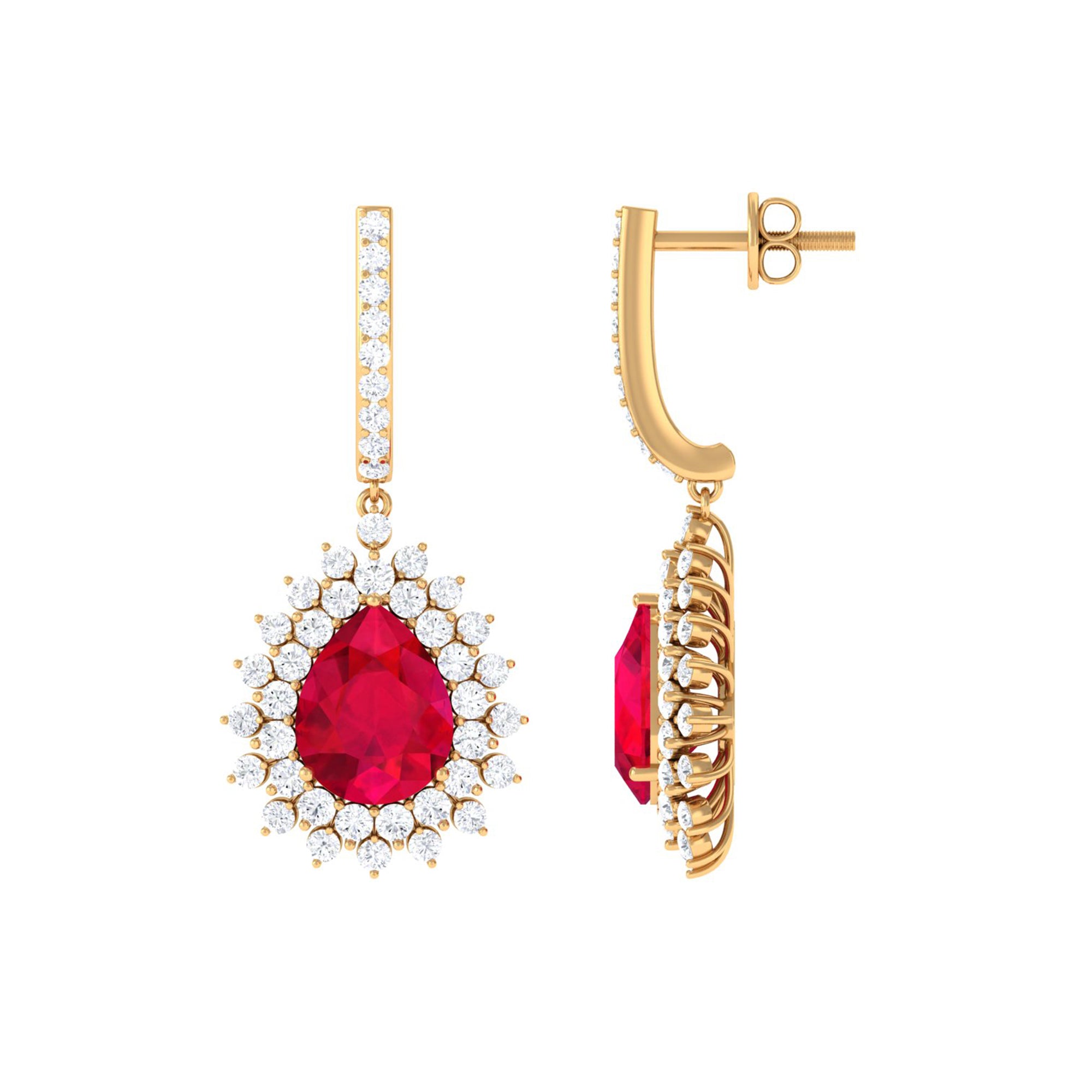 Pear Cut Created Ruby J Hoop Drop Earring with Moissanite Halo Lab Created Ruby - ( AAAA ) - Quality - Rosec Jewels