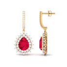 Pear Cut Created Ruby J Hoop Drop Earring with Moissanite Halo Lab Created Ruby - ( AAAA ) - Quality - Rosec Jewels