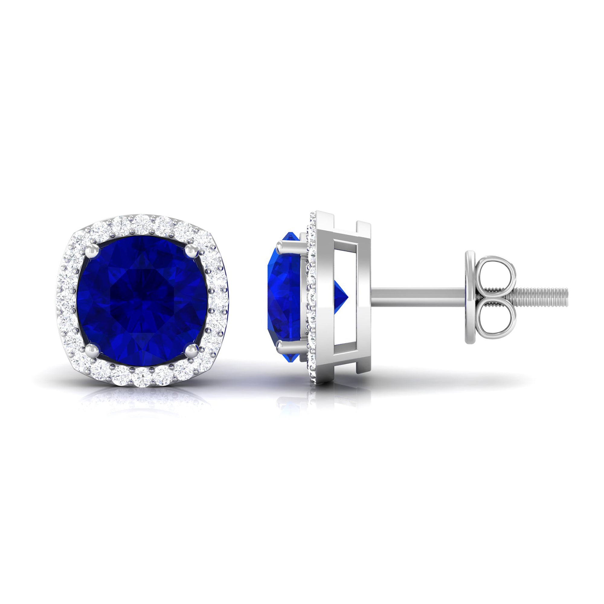 Created Blue Sapphire Stud Earrings with Diamond Halo Lab Created Blue Sapphire - ( AAAA ) - Quality - Rosec Jewels