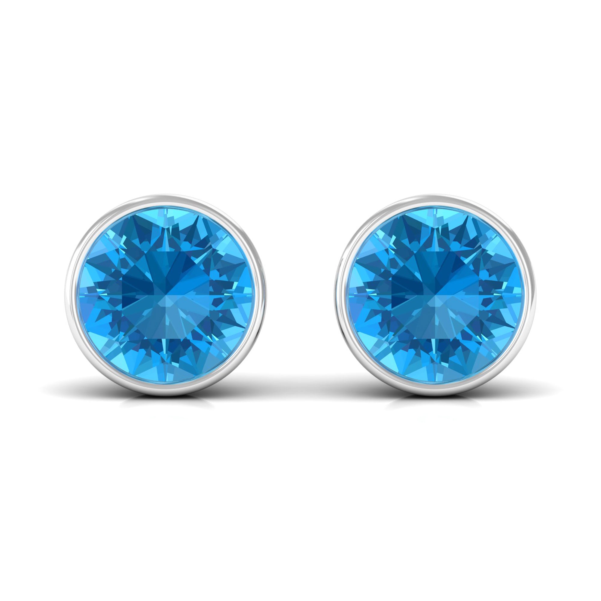 Round Swiss Blue Topaz Solitaire Stud Earrings in Bezel Setting Swiss Blue Topaz - ( AAA ) - Quality - Rosec Jewels