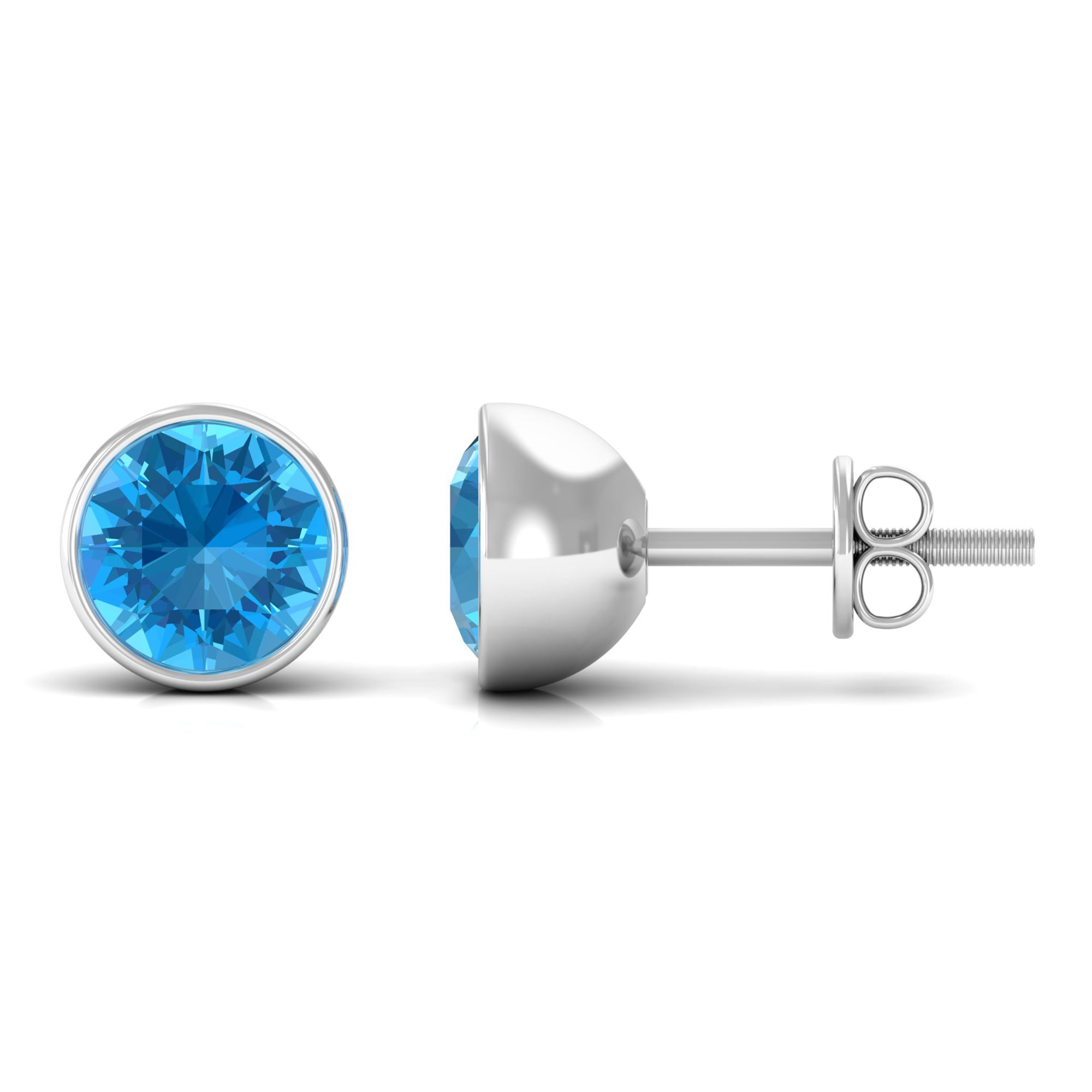 Round Swiss Blue Topaz Solitaire Stud Earrings in Bezel Setting Swiss Blue Topaz - ( AAA ) - Quality - Rosec Jewels