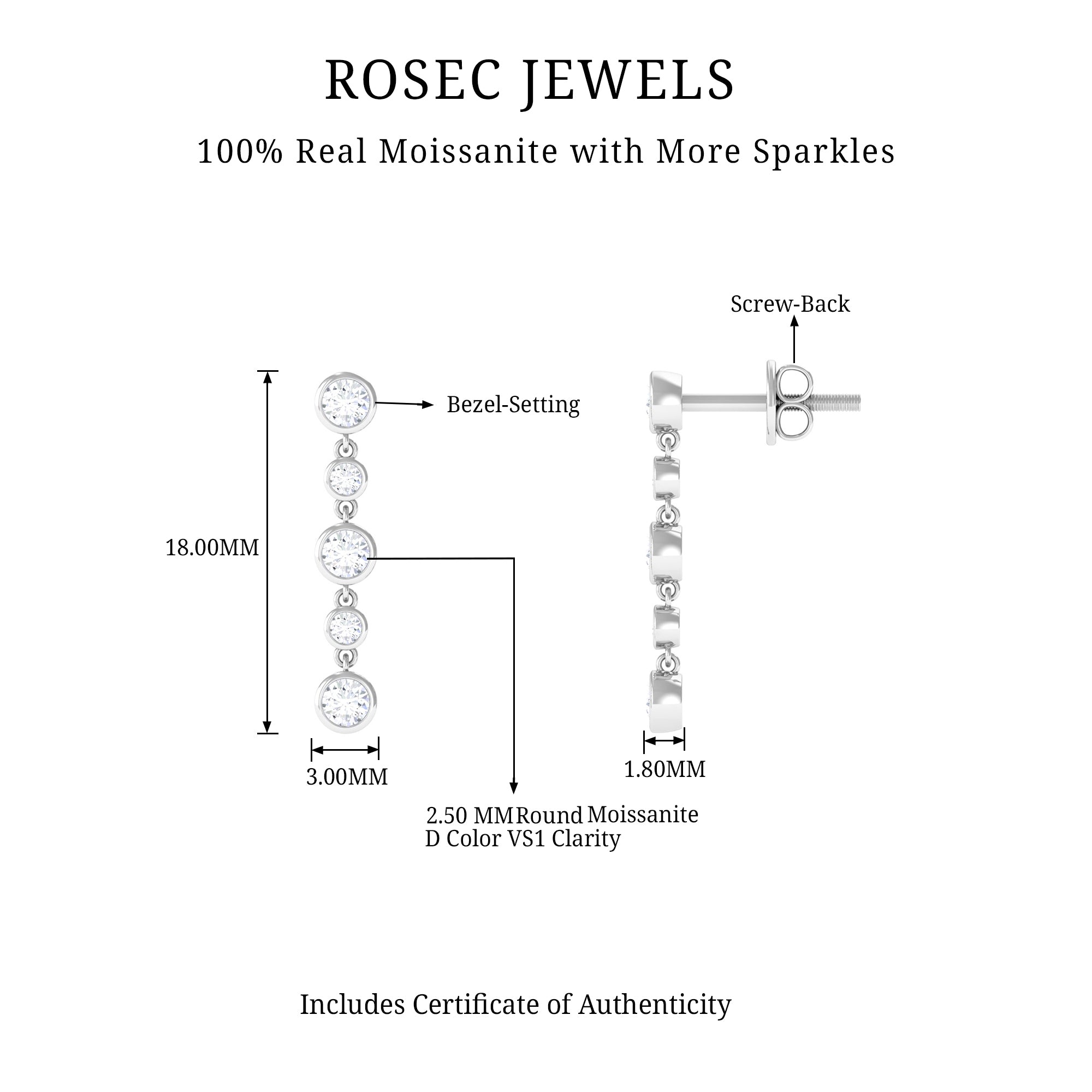 3/4 CT Certified Moissanite Gold Dangle Earrings in Bezel Setting Moissanite - ( D-VS1 ) - Color and Clarity - Rosec Jewels