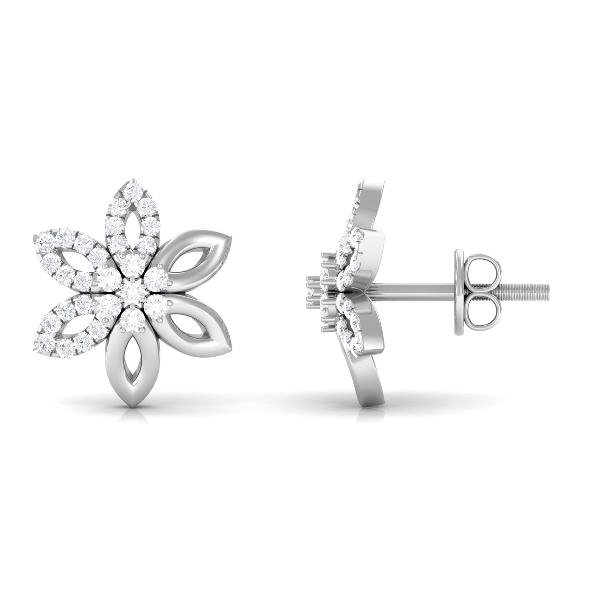 Cubic Zirconia Flower Stud Earrings with Screw Back Zircon - ( AAAA ) - Quality - Rosec Jewels