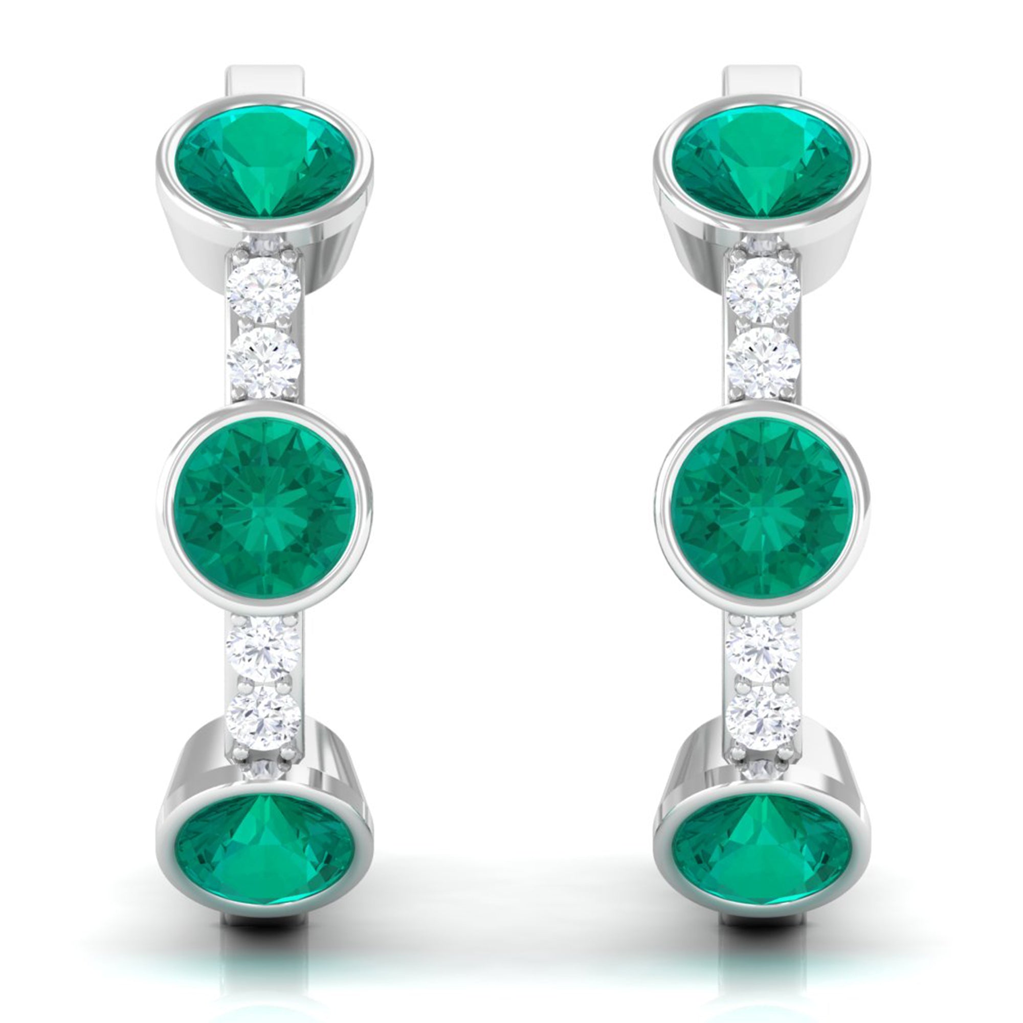 Bezel Set Emerald 3 Stone Hinged Hoop Earrings with Diamond Emerald - ( AAA ) - Quality - Rosec Jewels