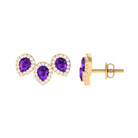 Pear Cut Amethyst 3 Stone Stud Earring with Diamond Halo Amethyst - ( AAA ) - Quality - Rosec Jewels