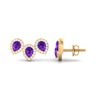 Pear Cut Amethyst 3 Stone Stud Earring with Diamond Halo Amethyst - ( AAA ) - Quality - Rosec Jewels