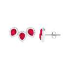 Pear Cut Created Ruby 3 Stone Stud Earring with Diamond Halo Lab Created Ruby - ( AAAA ) - Quality - Rosec Jewels