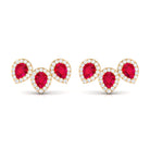 Pear Cut Created Ruby 3 Stone Stud Earring with Diamond Halo Lab Created Ruby - ( AAAA ) - Quality - Rosec Jewels