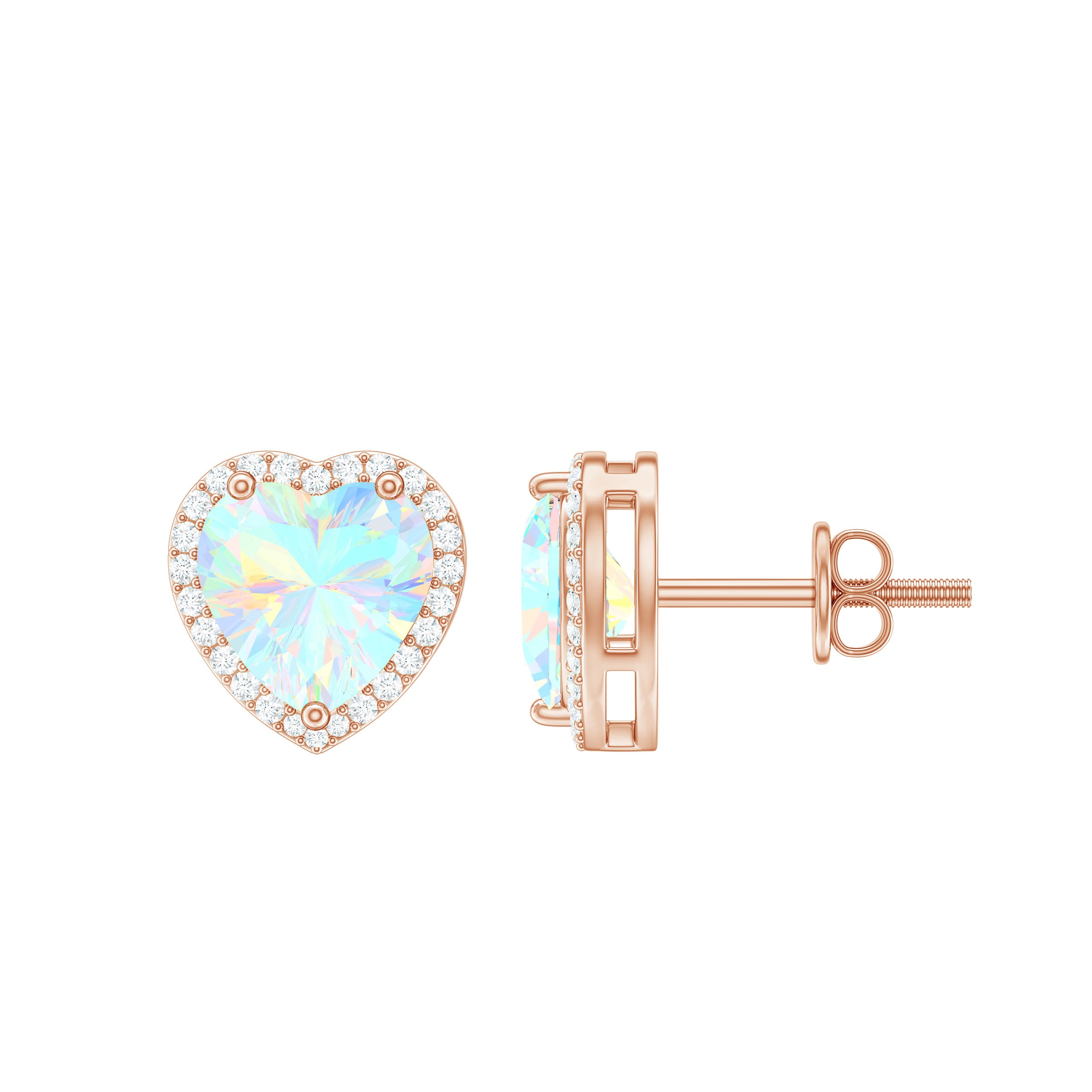 Heart Shaped Ethiopian Opal Stud Earrings with Moissanite Halo Ethiopian Opal - ( AAA ) - Quality - Rosec Jewels