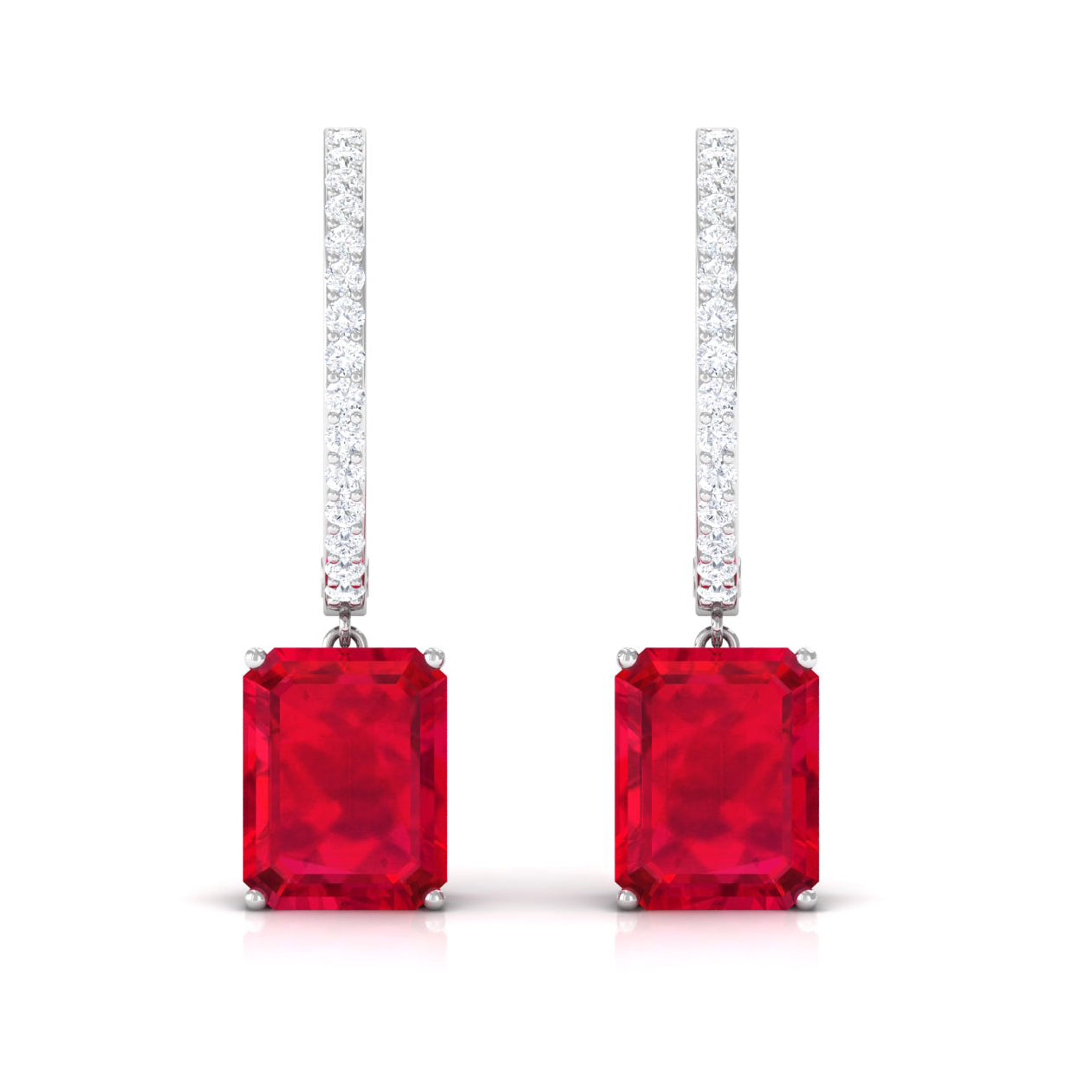 Emerald Cut Created Ruby Hoop Drop Earrings with Diamond Accent Lab Created Ruby - ( AAAA ) - Quality - Rosec Jewels