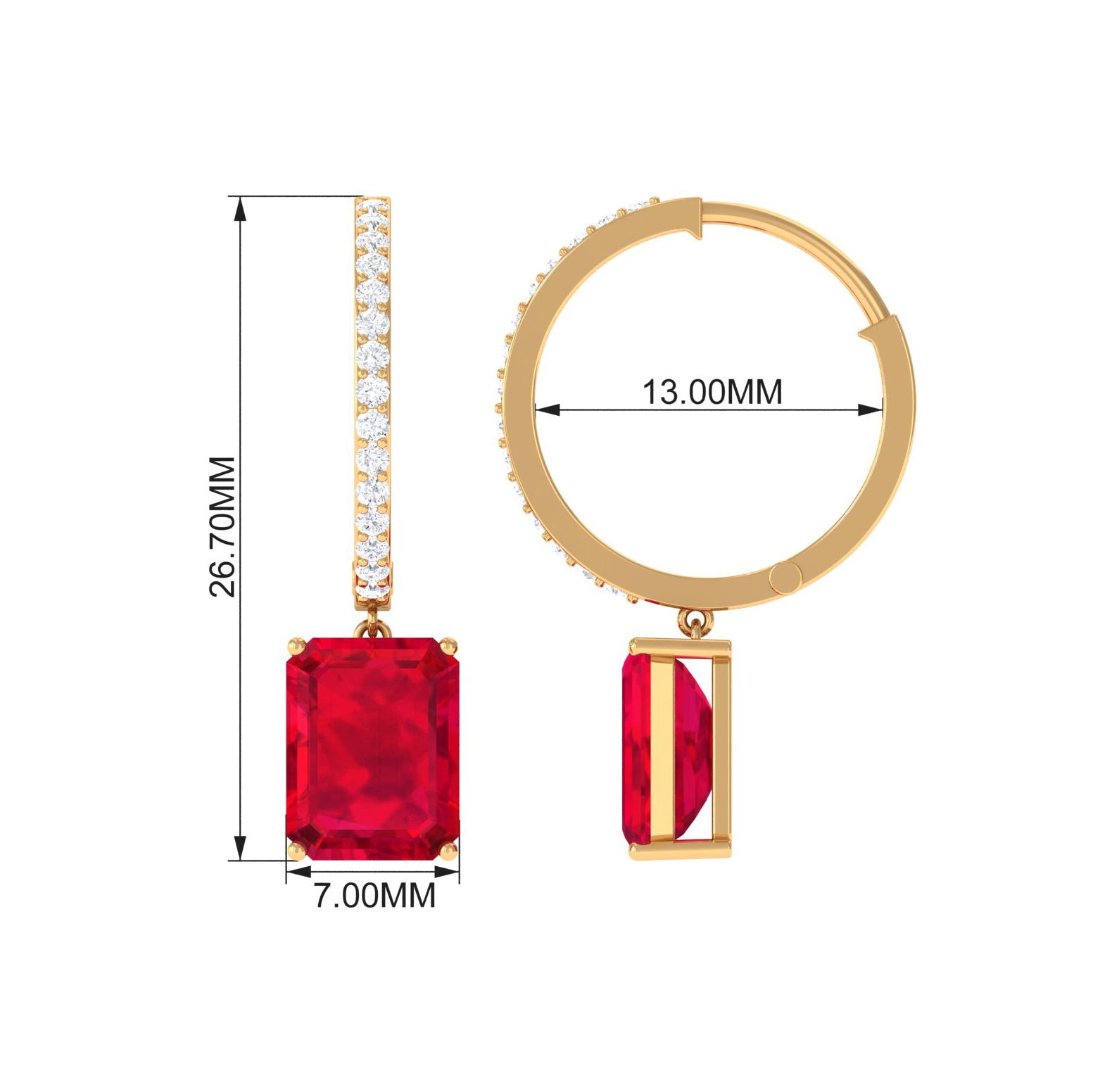 Emerald Cut Created Ruby Hoop Drop Earrings with Diamond Accent Lab Created Ruby - ( AAAA ) - Quality - Rosec Jewels